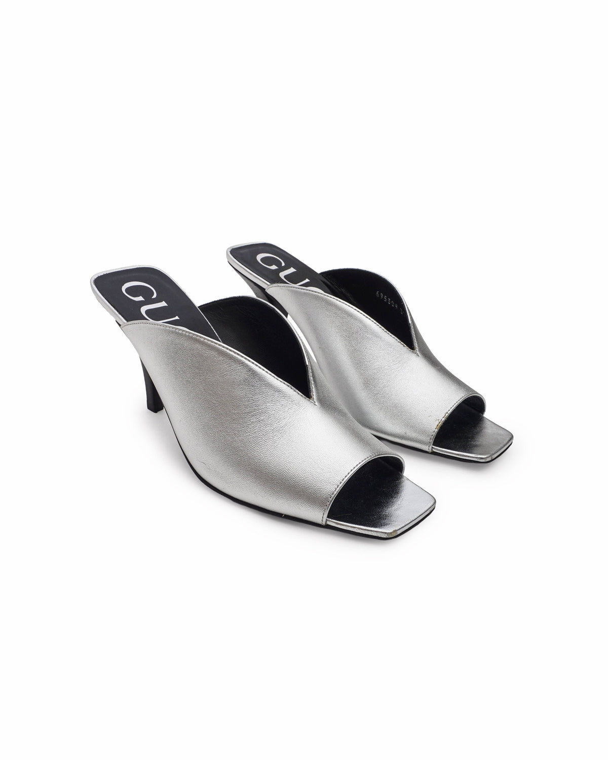 Gucci Metallic Silver Leather V-Neck Open Toe Mule Sandals