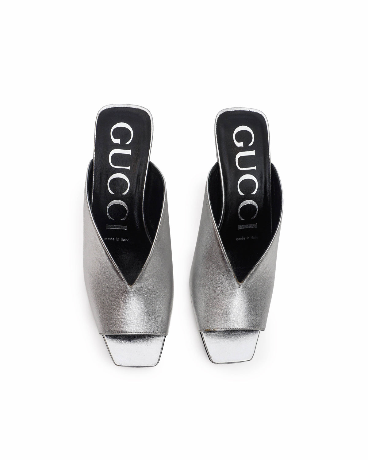 Gucci Metallic Silver Leather V-Neck Open Toe Mule Sandals