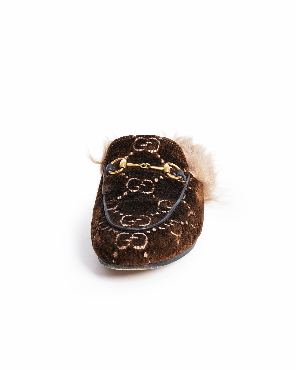 Gucci Brown GG Velvet and Fur Lined Princetown Flat Mule
