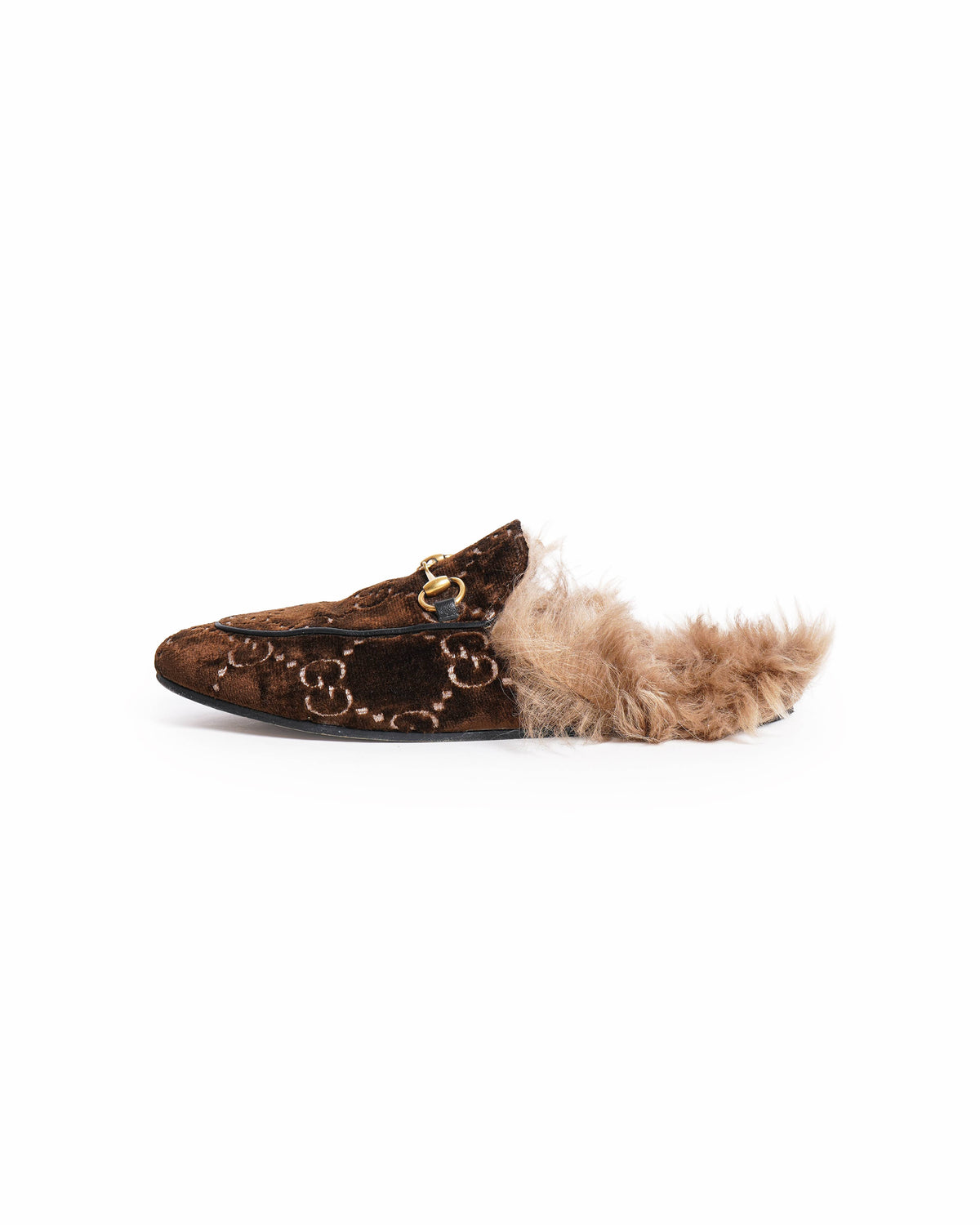 Gucci Brown GG Velvet and Fur Lined Princetown Flat Mule