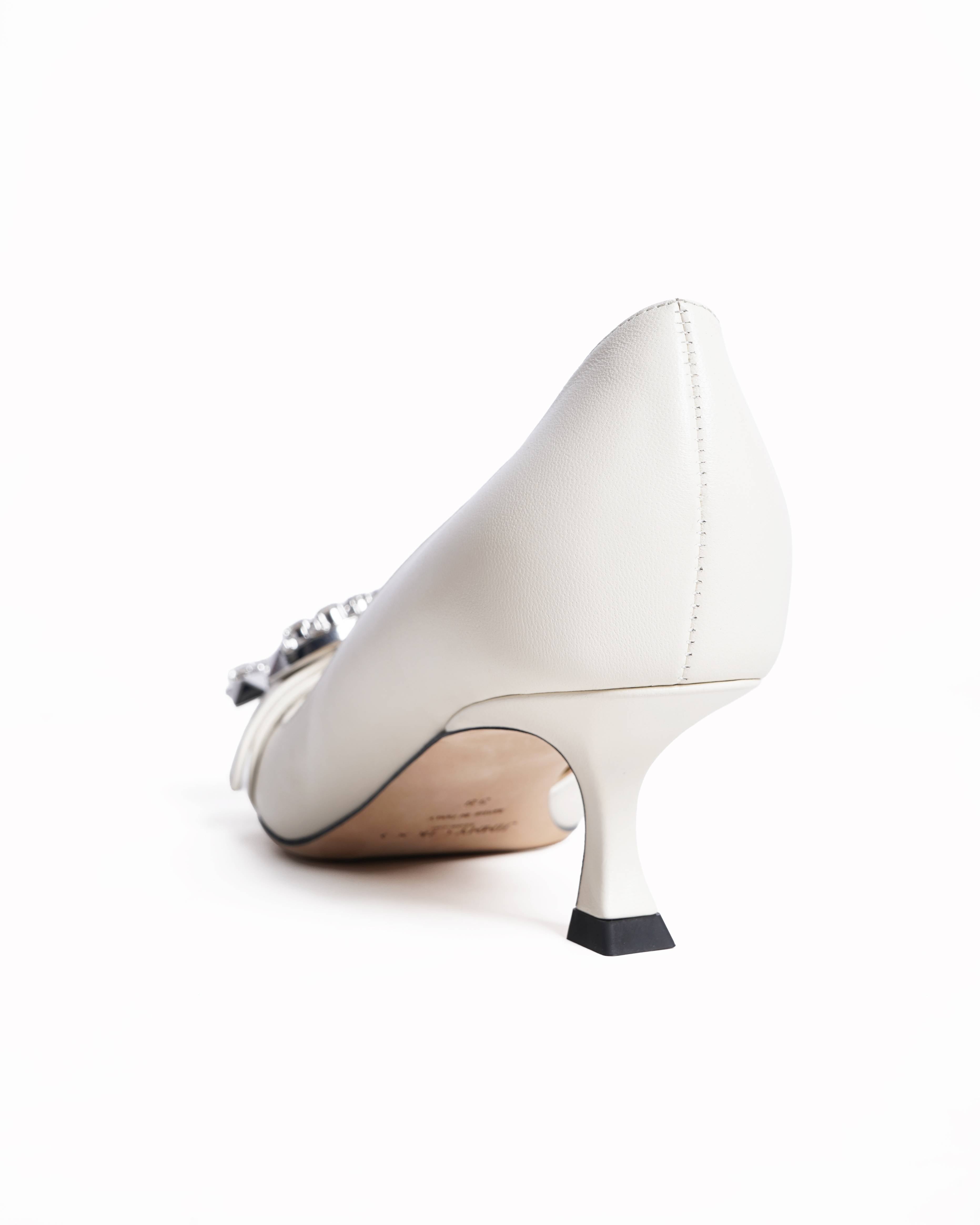 Jimmy Choo Melva Ivory Leather D’Orsay Pumps With Crystal Buckle