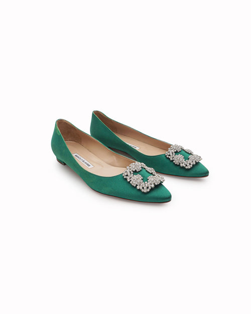 Manolo Blahnik Hangisi Emerald Green Satin Crystal Flat Pumps