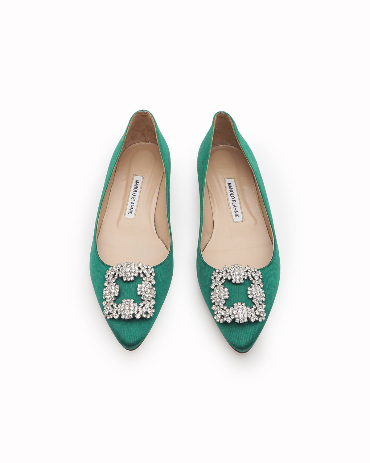 Manolo Blahnik Hangisi Emerald Green Satin Crystal Flat Pumps