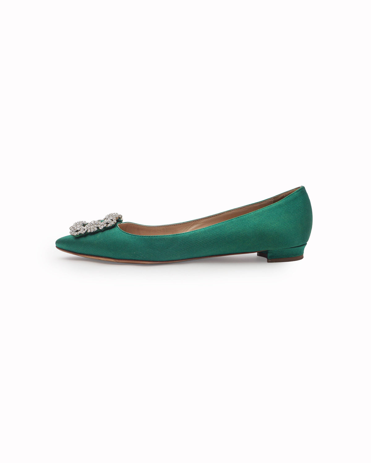 Manolo Blahnik Hangisi Emerald Green Satin Crystal Flat Pumps