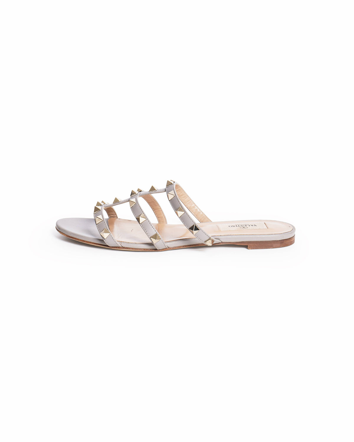 Valentino Garavani Grey Leather Rockstud Cage Flat Slides