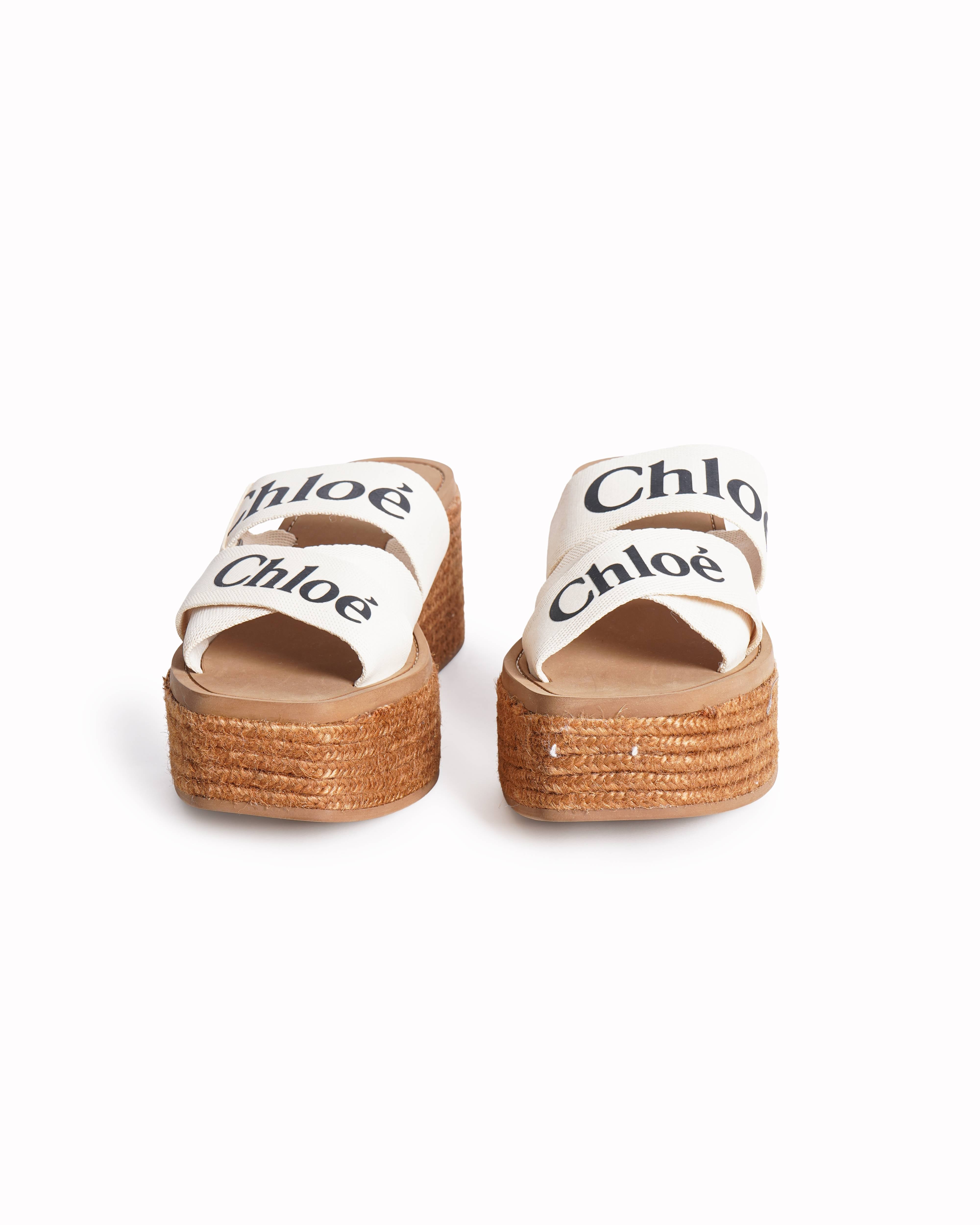 Chloé Beige Logo Print Canvas Woody Flatforms