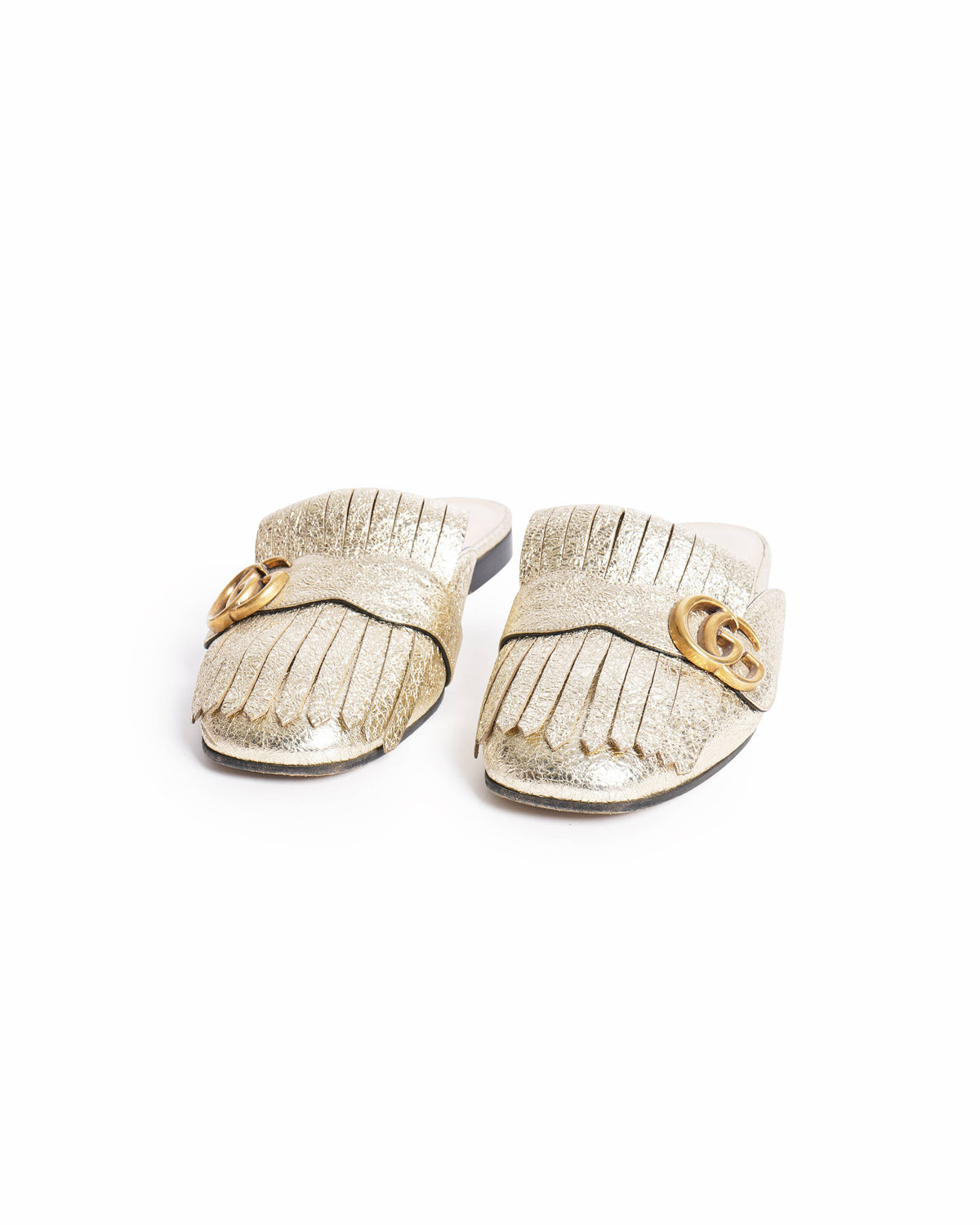 Gucci Gold Leather Fringe Marmont Slides