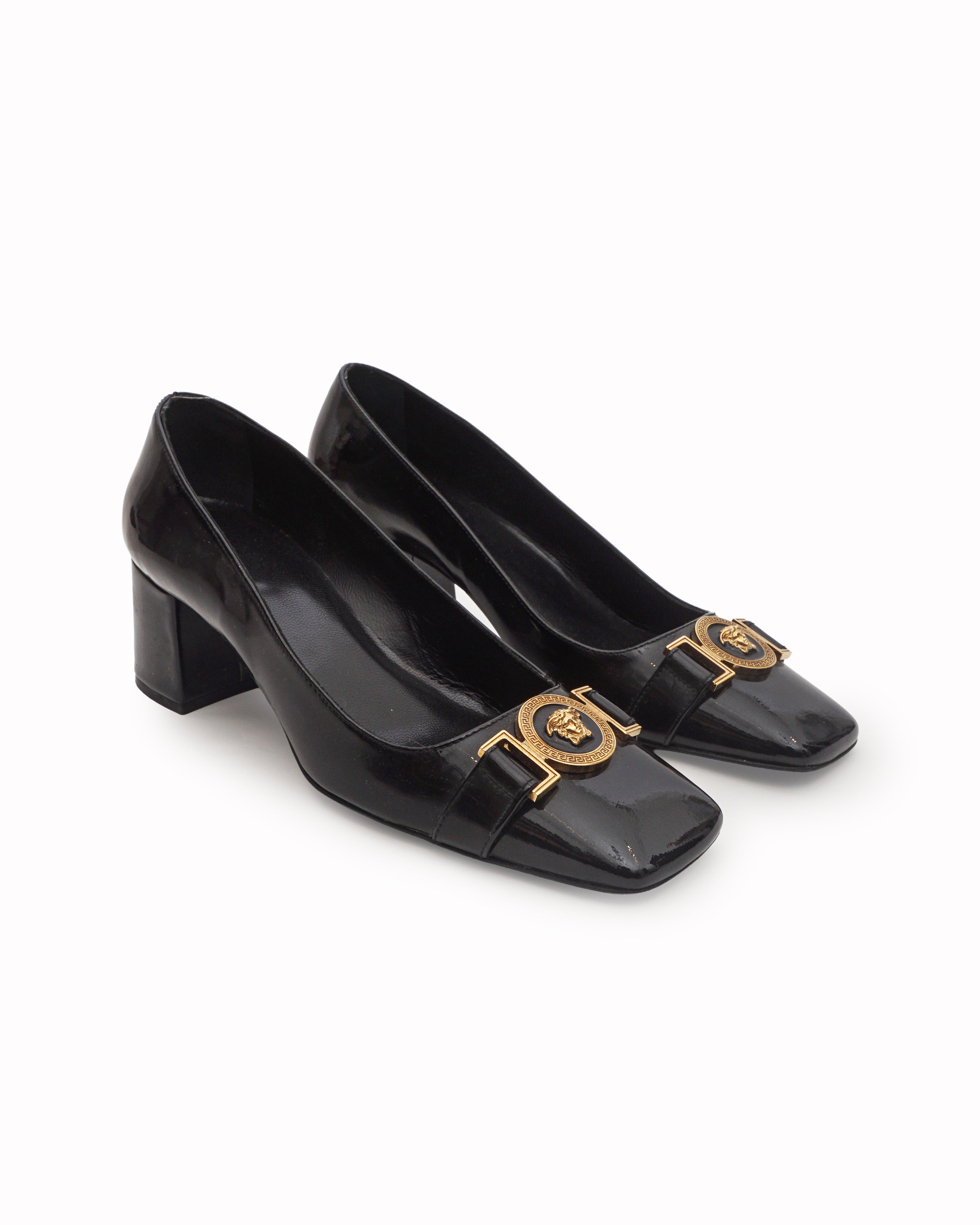 Versace Black Patent Leather Medusa Gold Buckle Block Heel Pumps