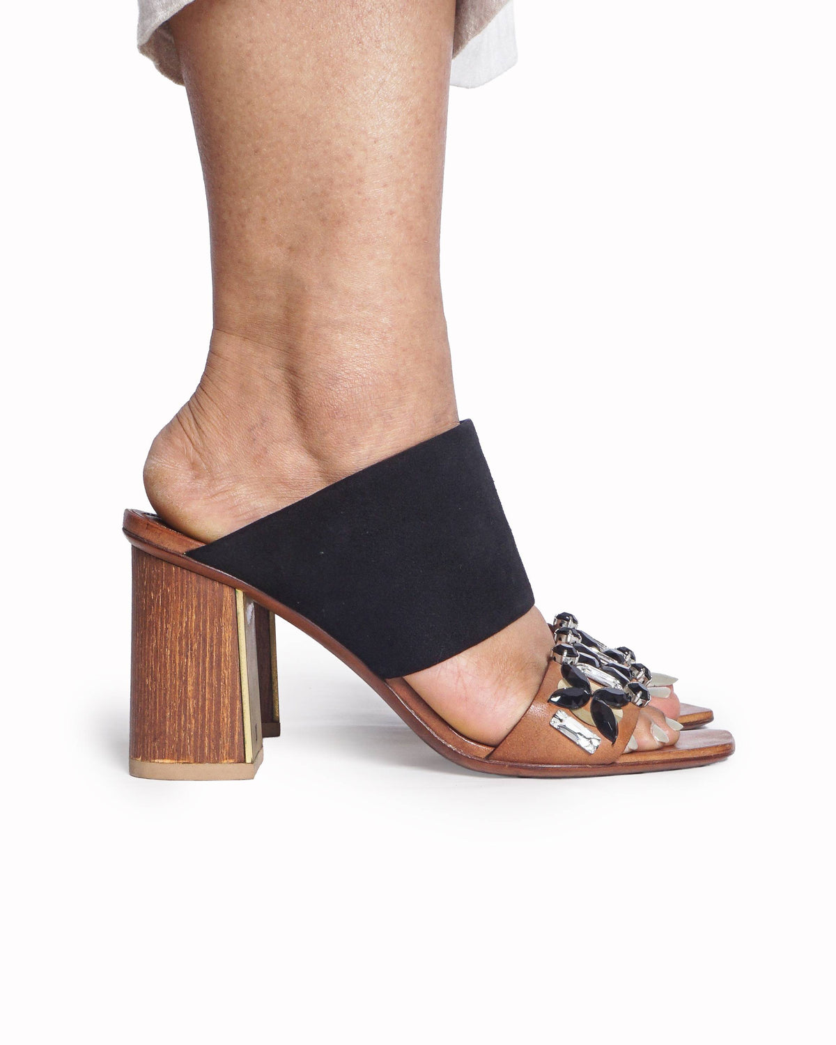 Louis Vuitton Brown suede and leather embellished slide sandals