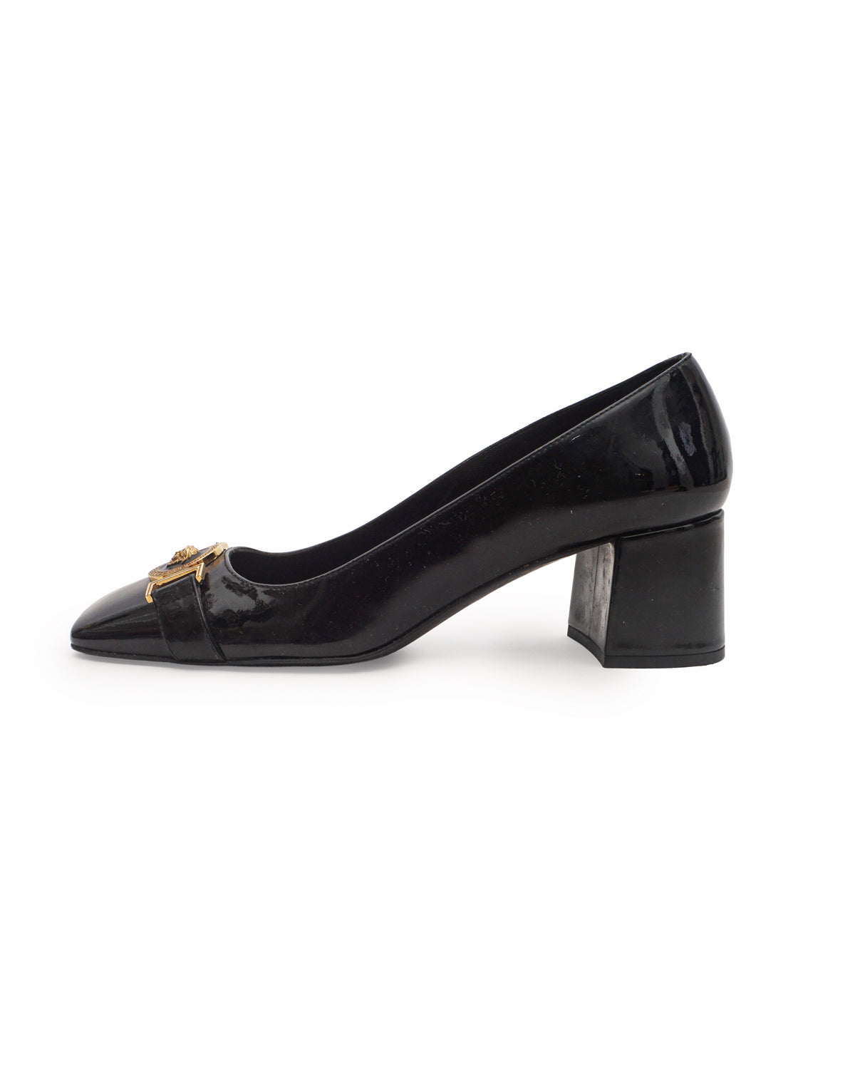 Versace Black Patent Leather Medusa Gold Buckle Block Heel Pumps