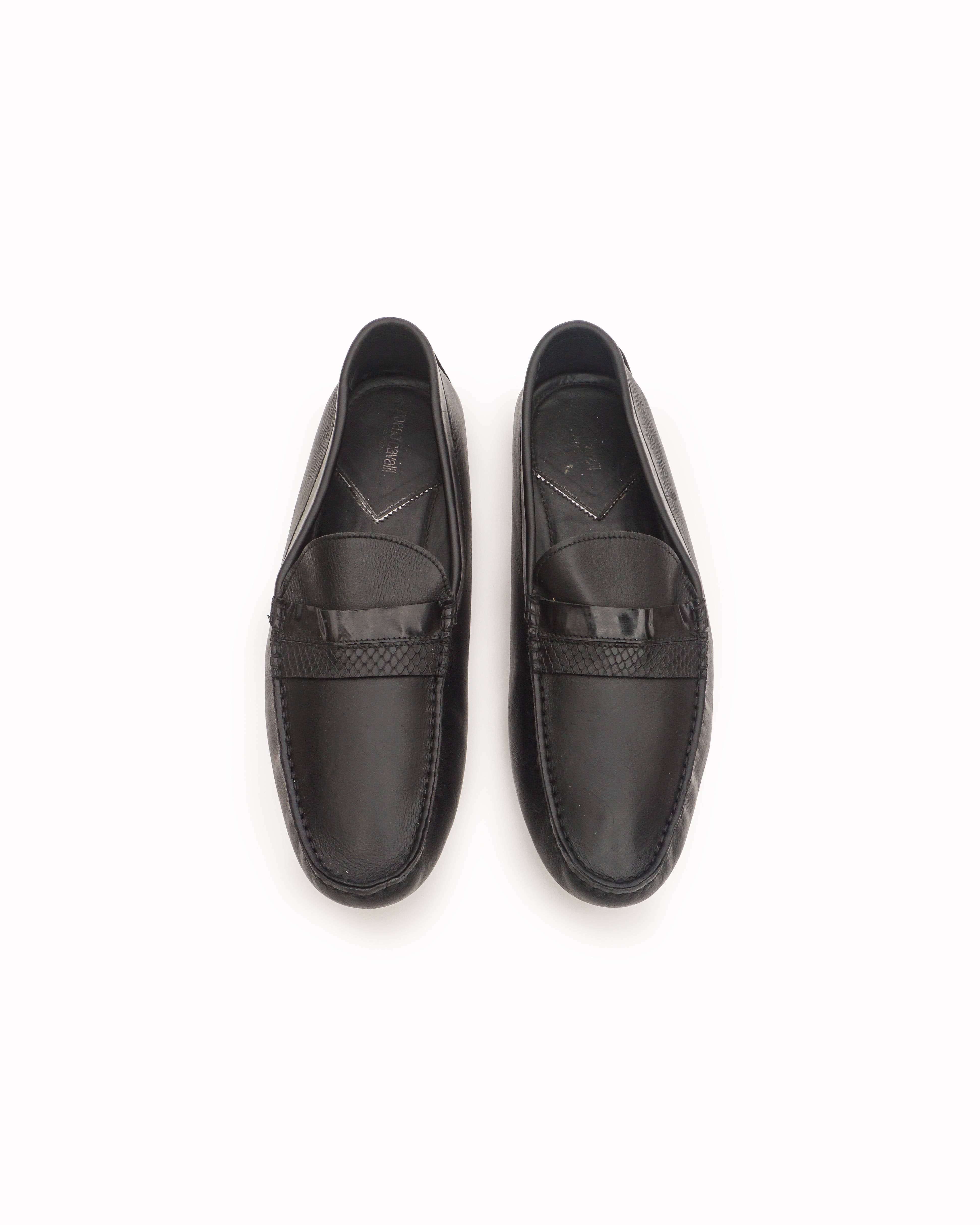 Roberto Cavalli Men's Black Leather Snakeskin-Trim Loafers