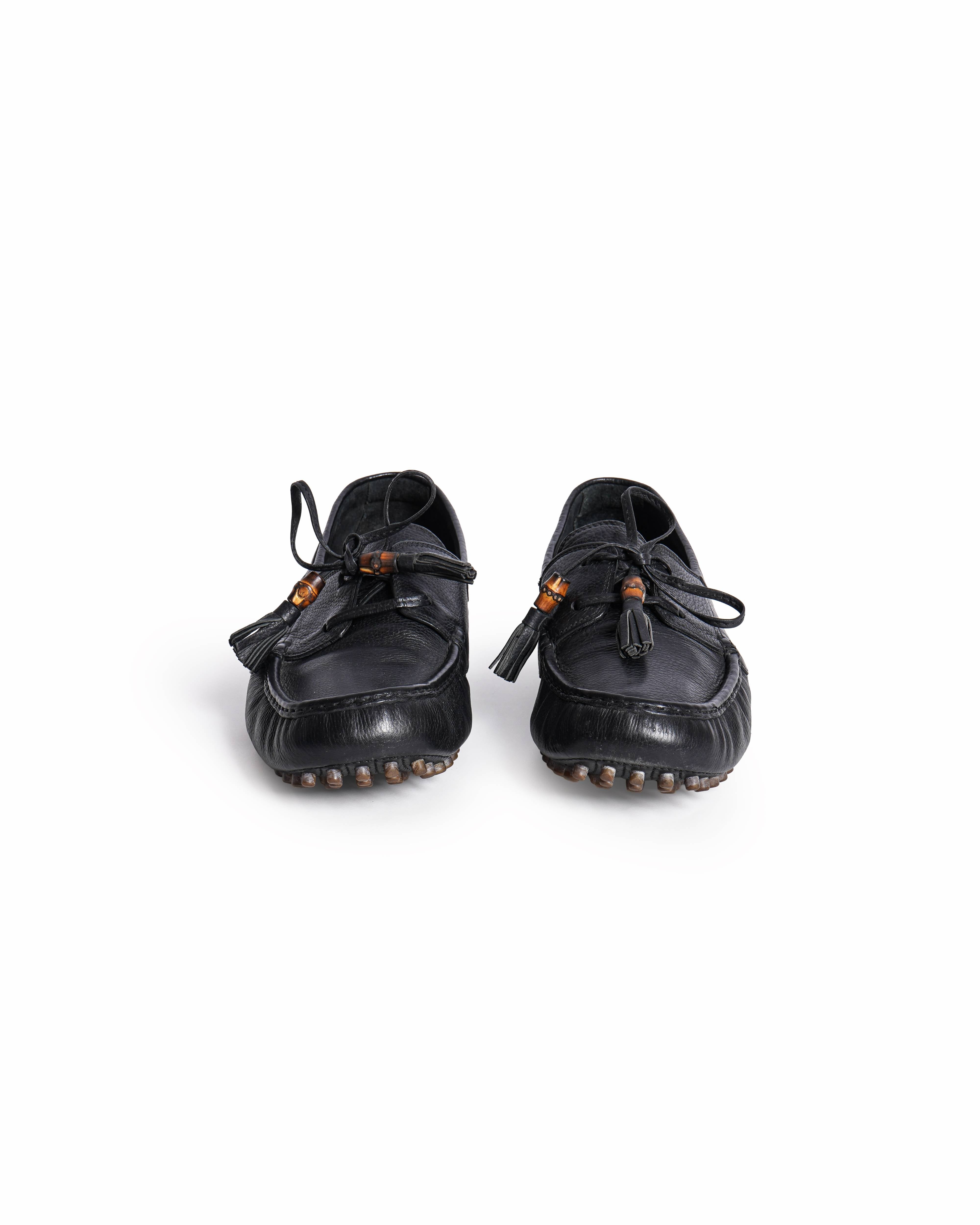 Gucci Black Leather Bamboo Tassel Boat Loafers
