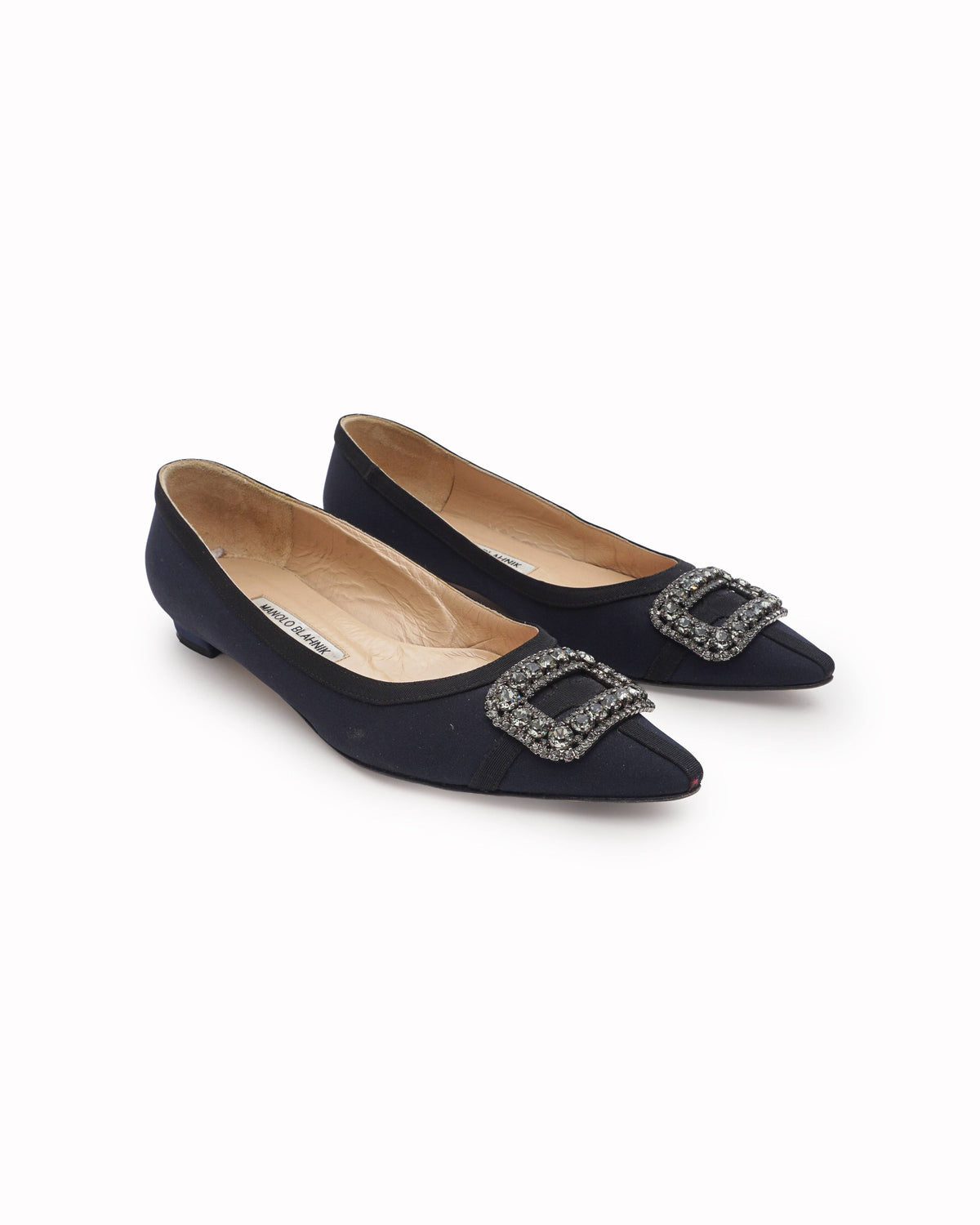 Manolo Blahnik Gotrian Navy Blue Satin Crystal Flat Pumps