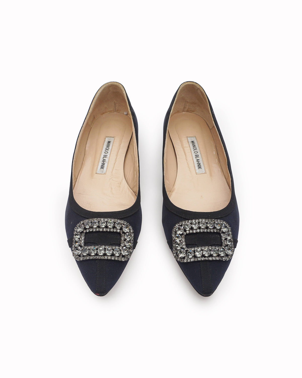 Manolo Blahnik Gotrian Navy Blue Satin Crystal Flat Pumps