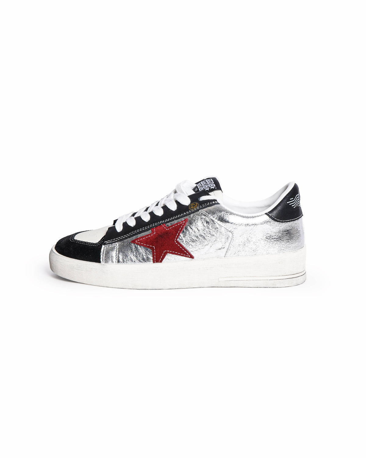 Golden Goose Stardan In Laminated Silver Nylon With Burgundy Suede Star