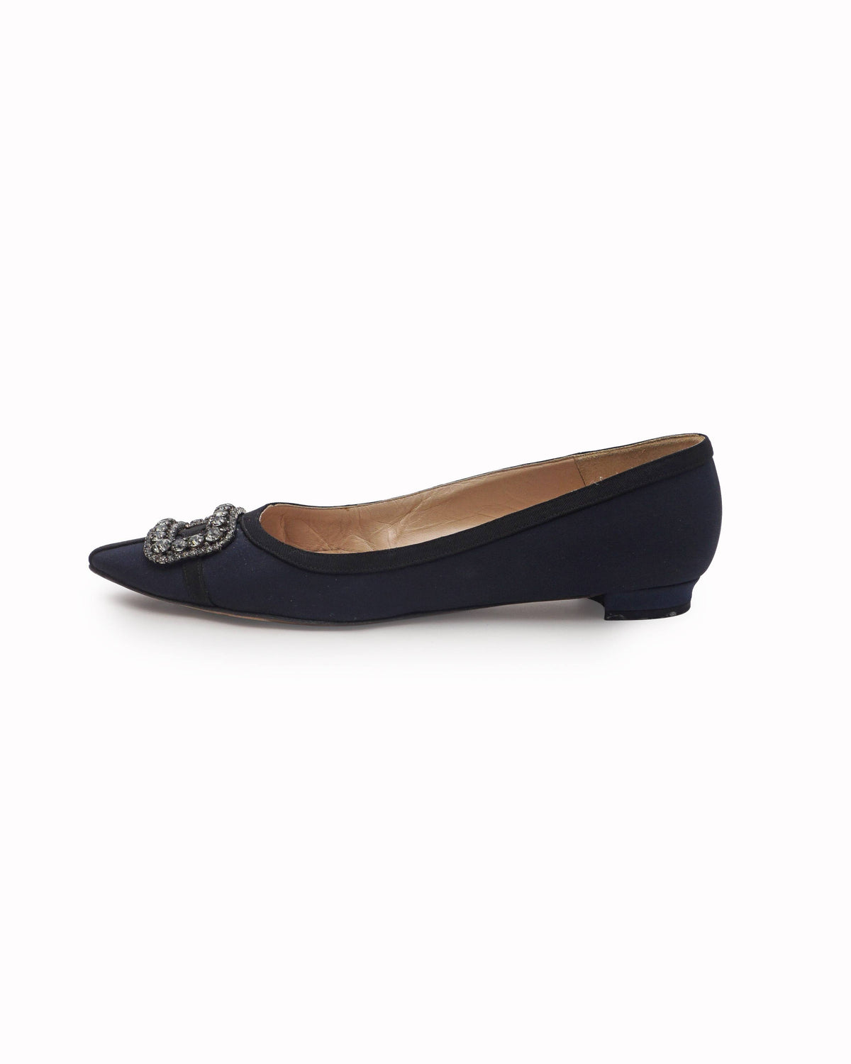 Manolo Blahnik Gotrian Navy Blue Satin Crystal Flat Pumps