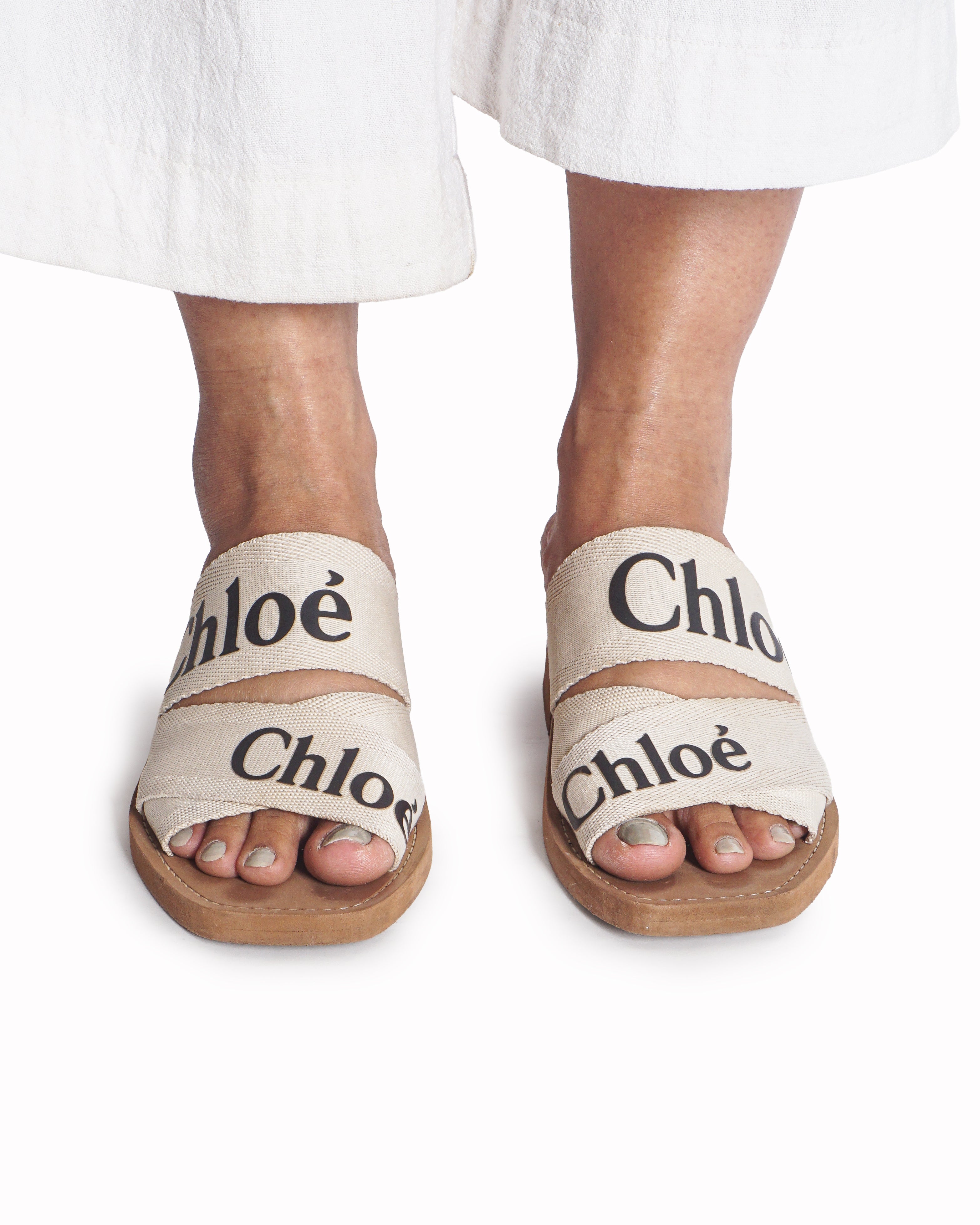Chloé Cream Canvas Woody Logo Low Block Heel Sandals