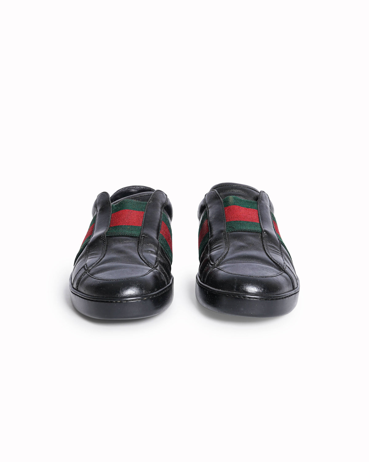 Gucci Men's Black Leather Web Stripe Slip-On Sneakers