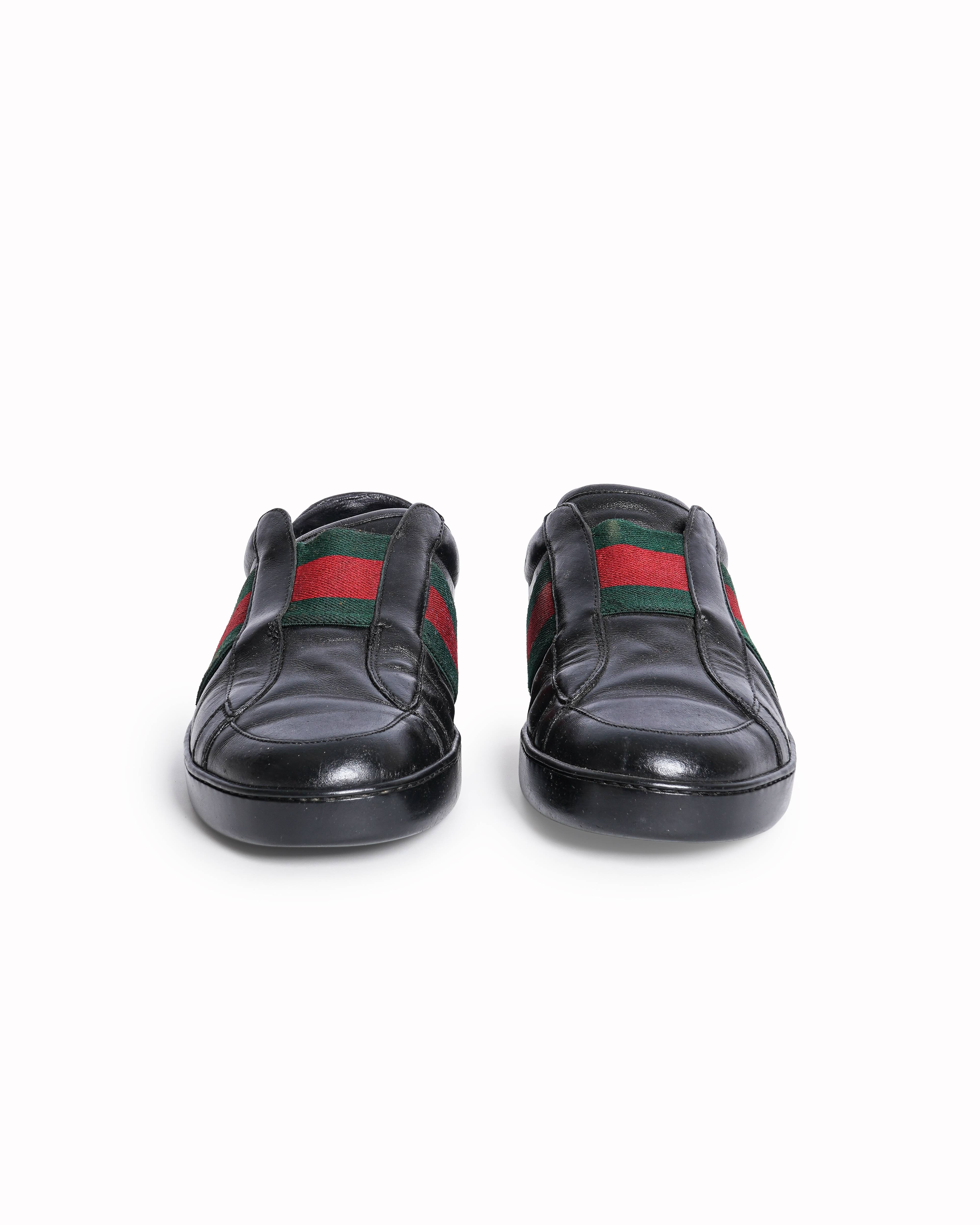 Gucci Men's Black Leather Web Stripe Slip-On Sneakers