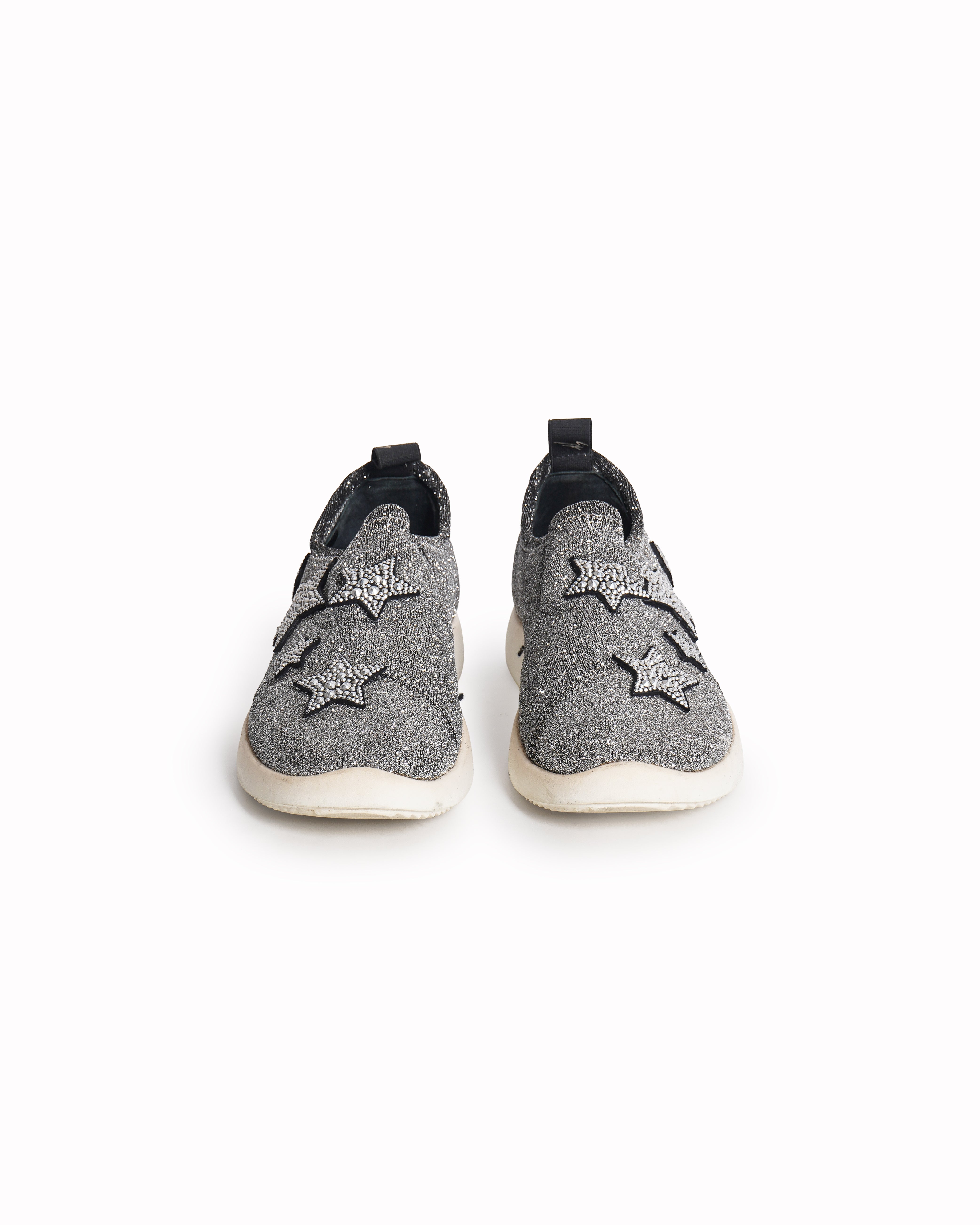 Giuseppe Zanotti Silver Knit Fabric Star Embellished Slip On Sneakers