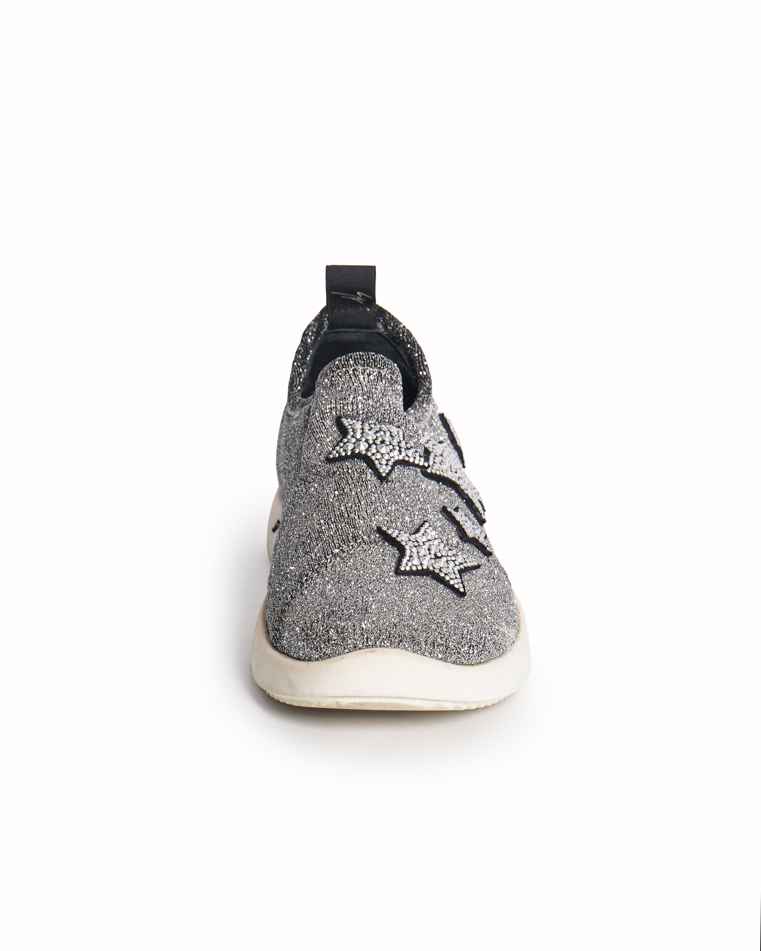 Giuseppe Zanotti Silver Knit Fabric Star Embellished Slip On Sneakers