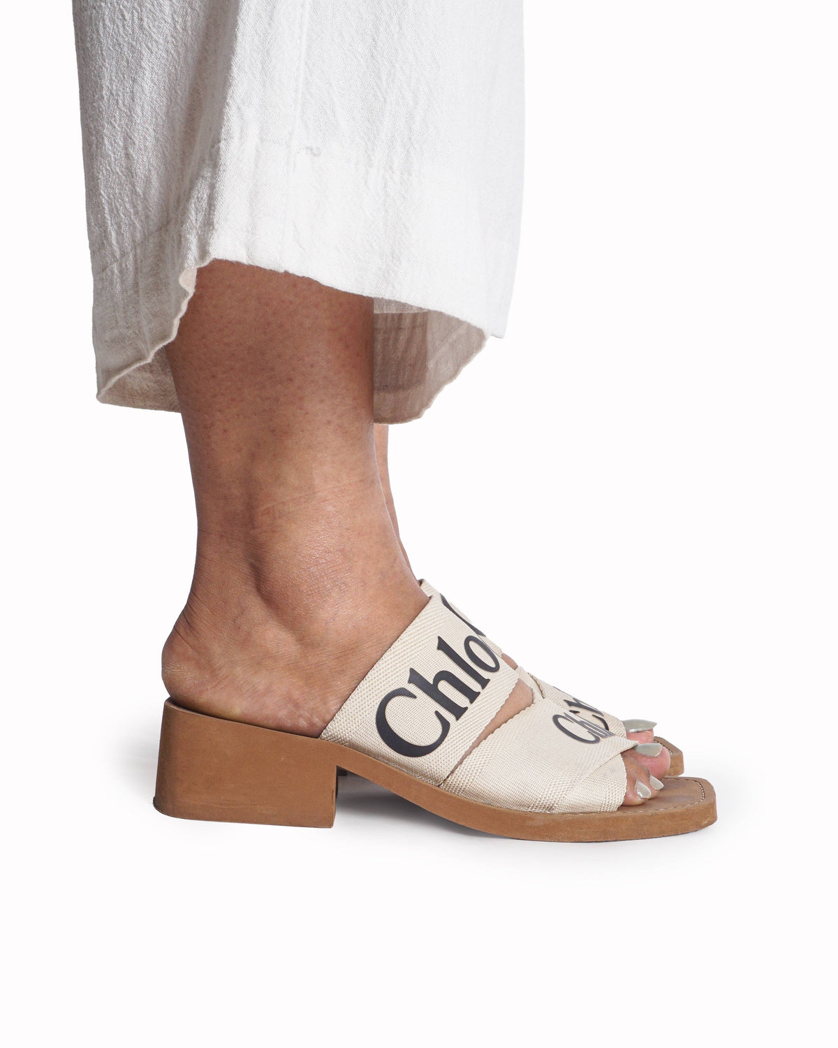 Chloé Cream Canvas Woody Logo Low Block Heel Sandals