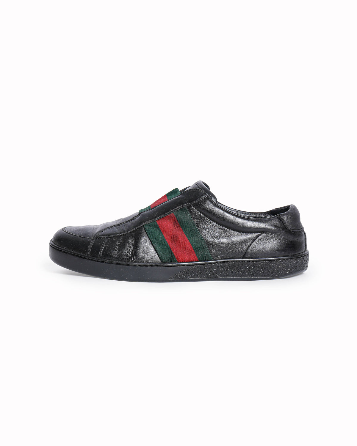Gucci Men's Black Leather Web Stripe Slip-On Sneakers
