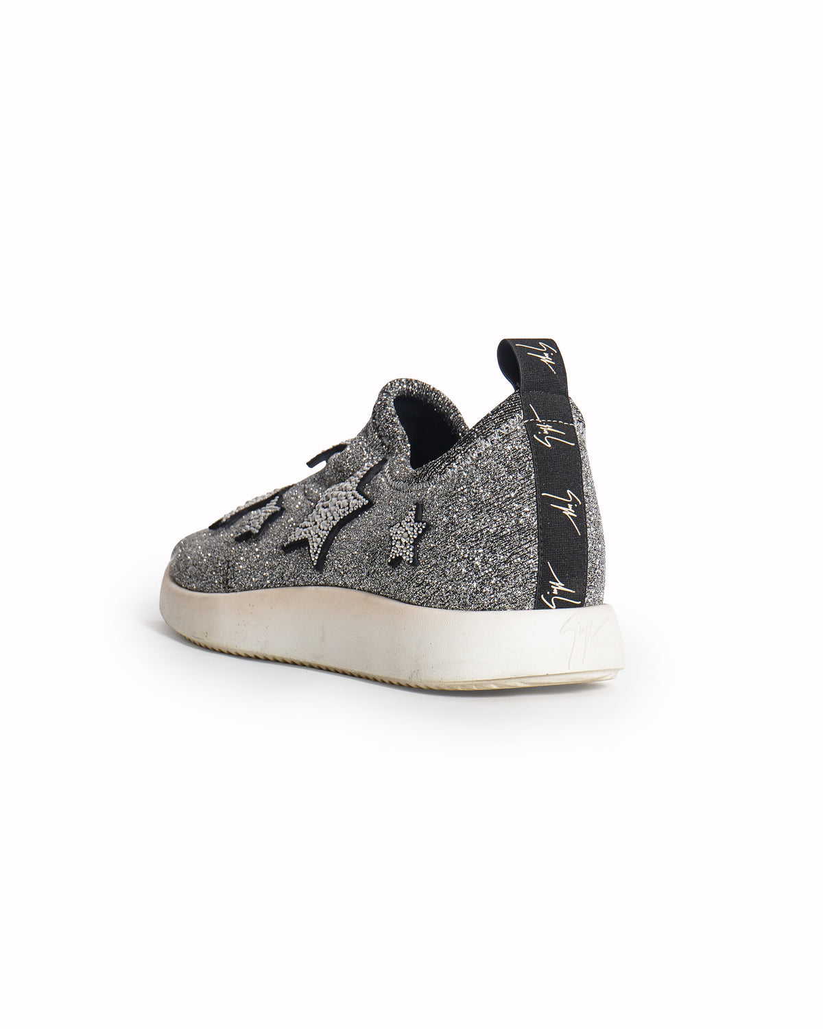 Giuseppe Zanotti Silver Knit Fabric Star Embellished Slip On Sneakers