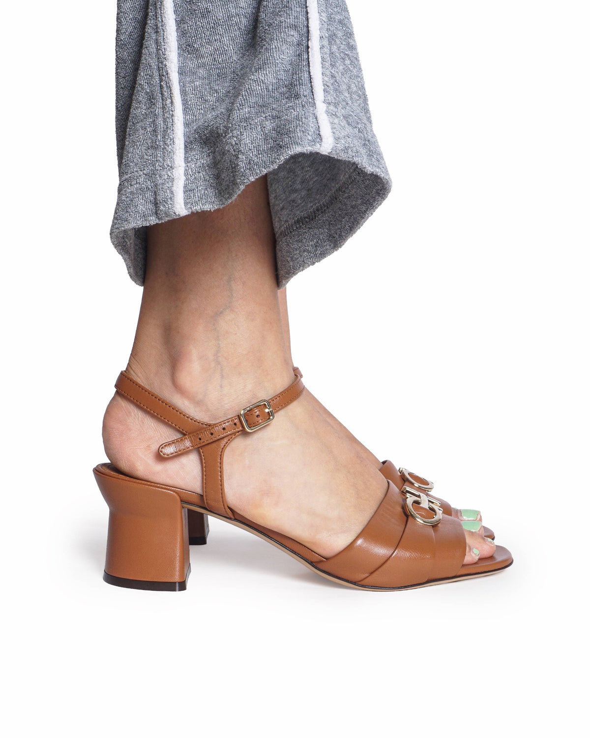 Salvatore Ferragamo Tan Leather Double Gancini Block Heel Sandals