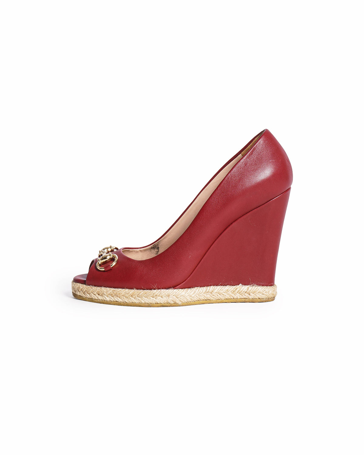 Gucci Horsebit Red Leather Espadrille Wedge Pumps
