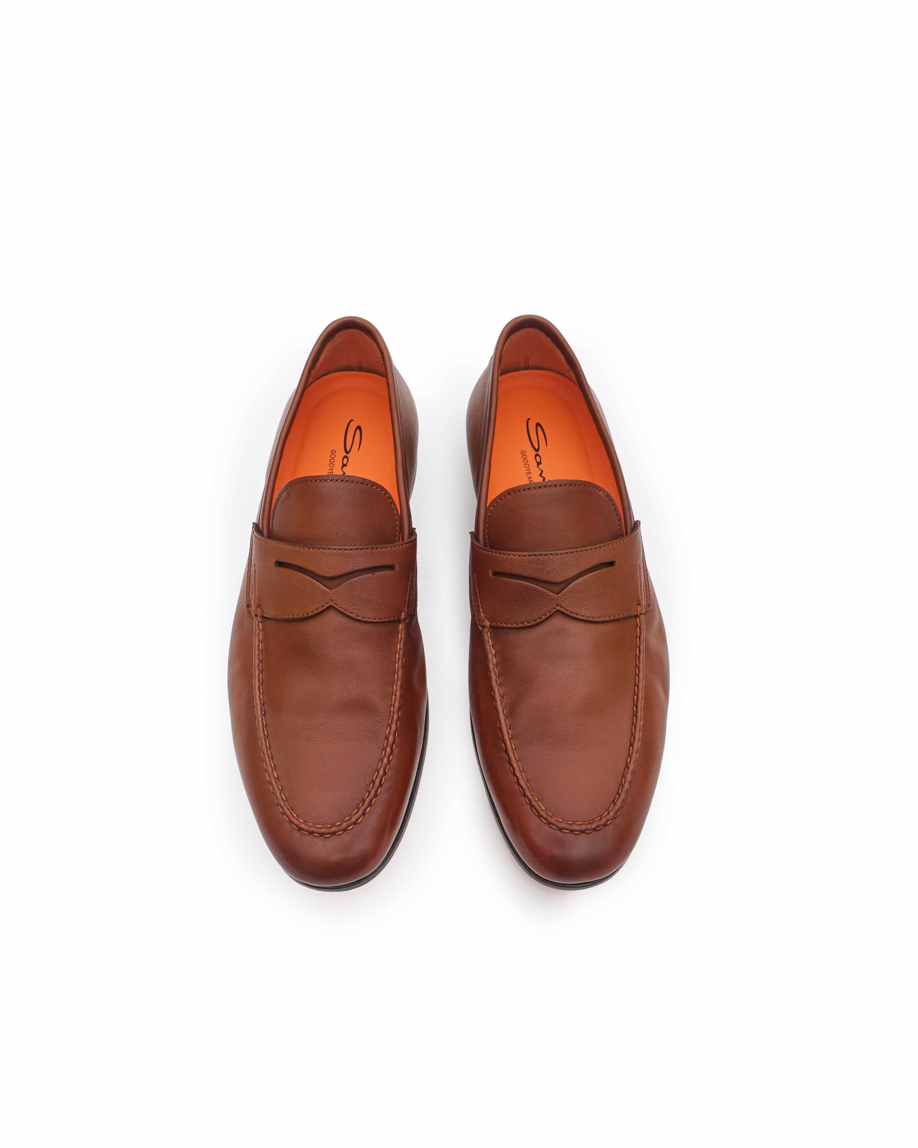 Santoni Brown Hand-Burnished Leather Penny Loafers