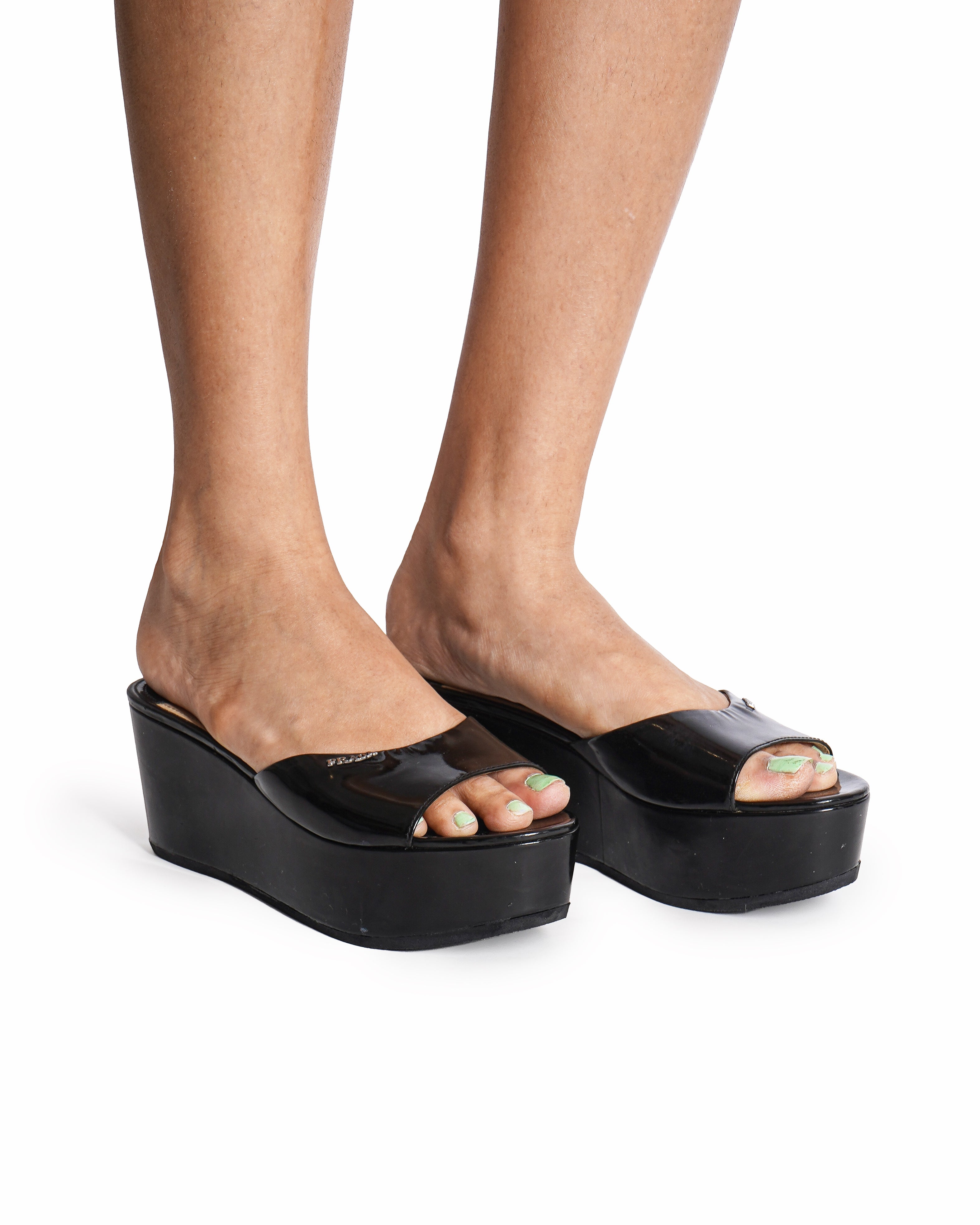 Prada Black Patent Leather Open Toe Platform Wedges