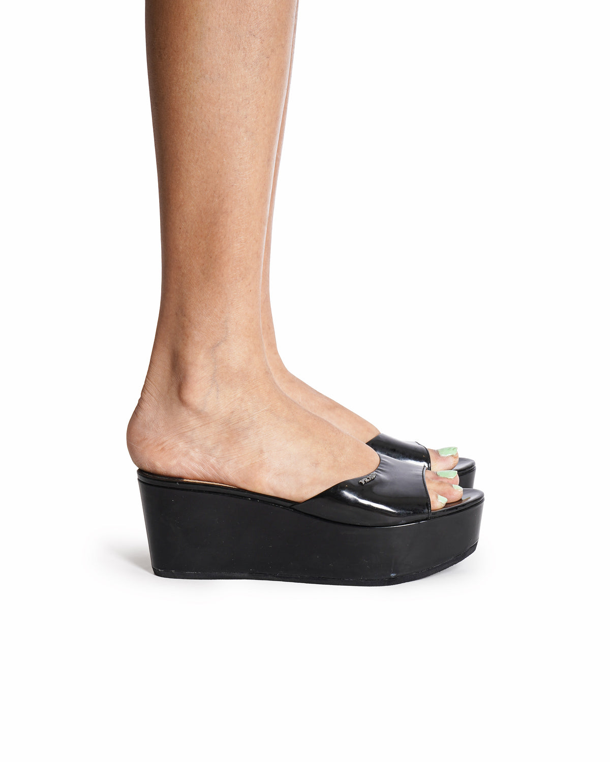 Prada Black Patent Leather Open Toe Platform Wedges