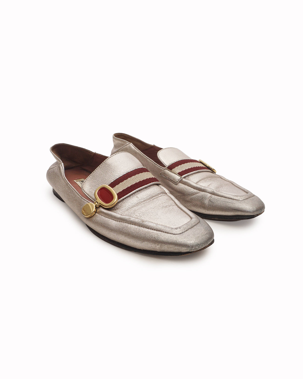 Bally Women's Silver Metallic Leather Stripe Loafers