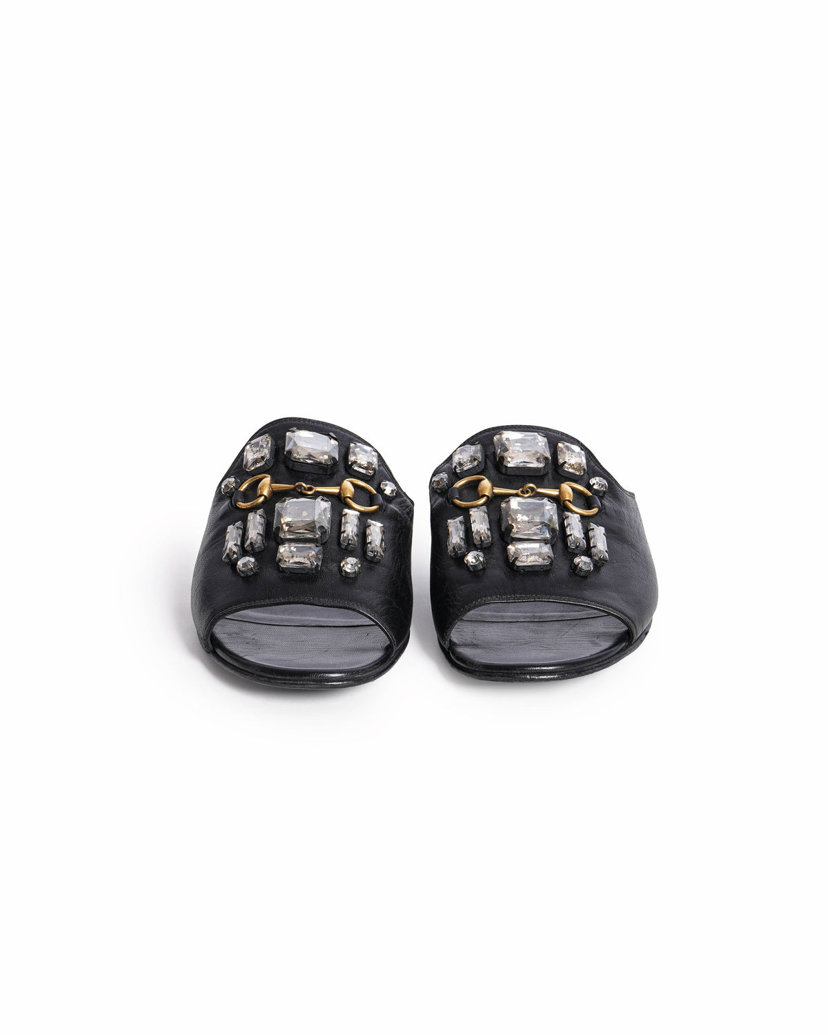 Gucci Black Leather Crystal Embellished Julie Horsebit Slides