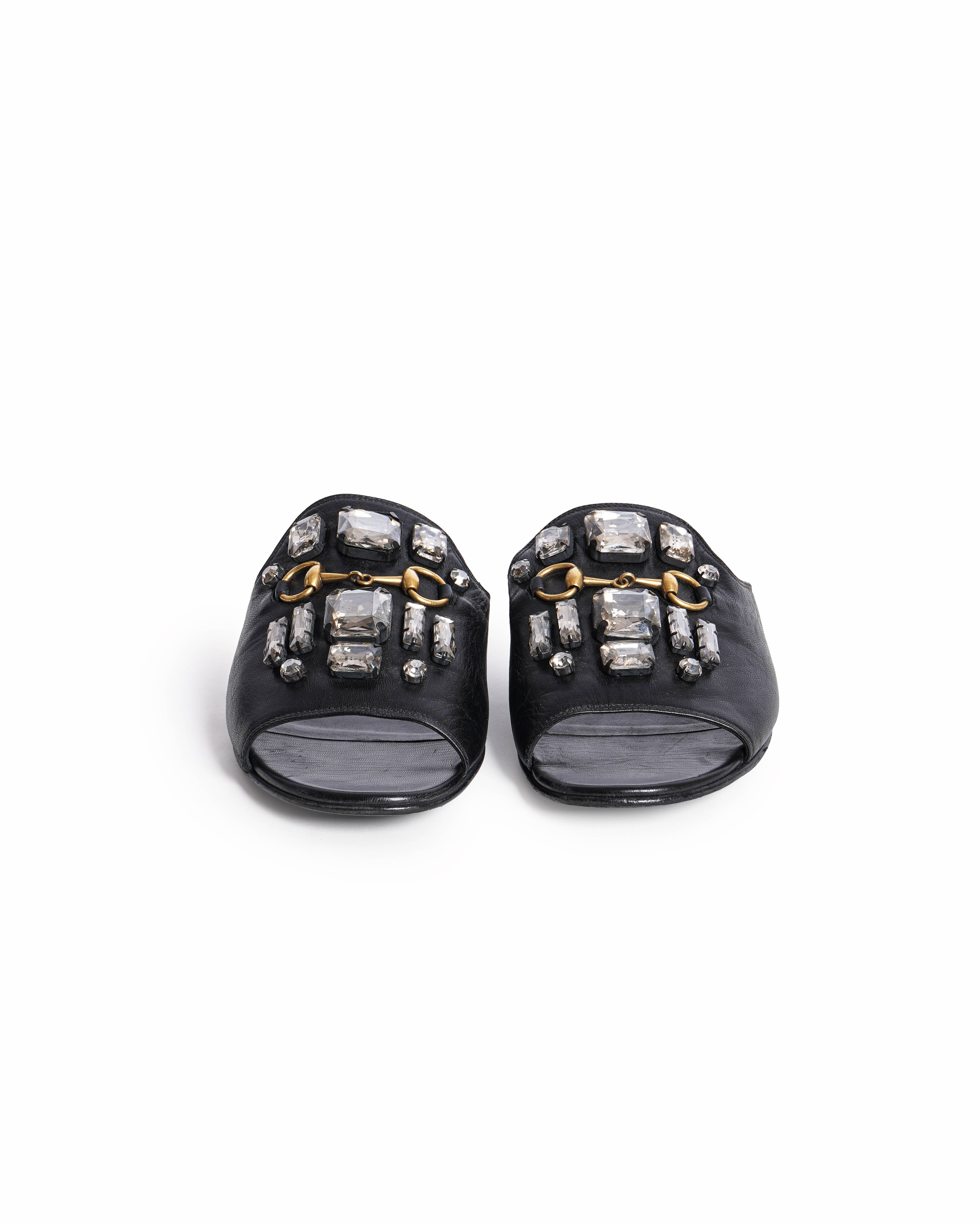 Gucci Black Leather Crystal Embellished Julie Horsebit Slides