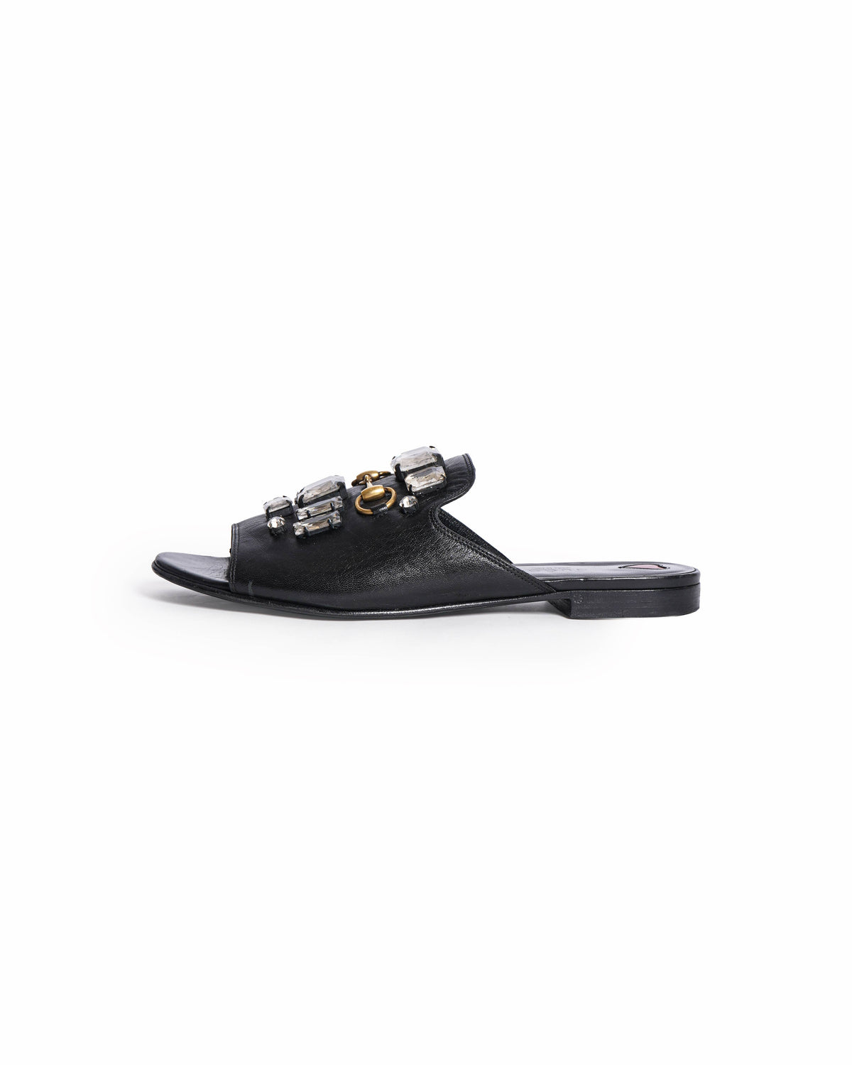 Gucci Black Leather Crystal Embellished Julie Horsebit Slides