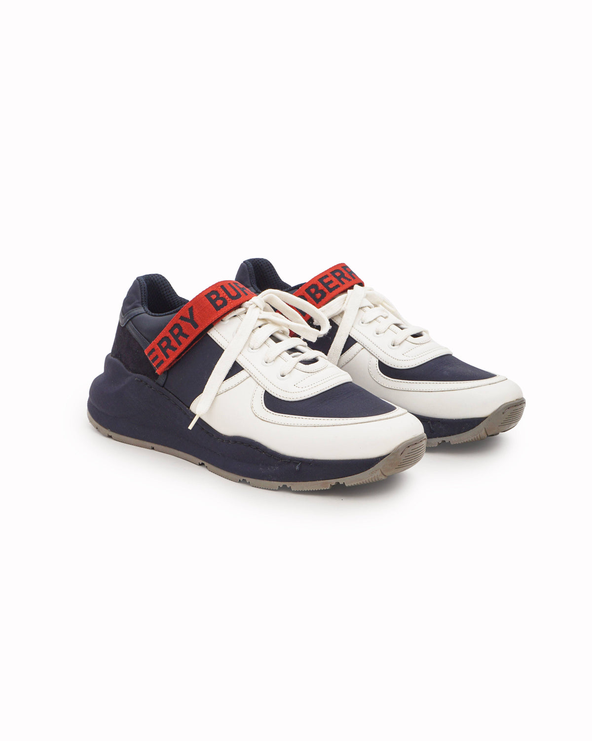 Burberry Navy Blue & White Logo Strap Regis Sneakers