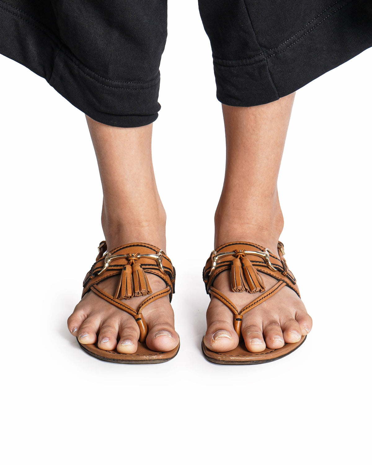 Gucci Tan Leather Tassel Horsebit Thong Flat Sandals