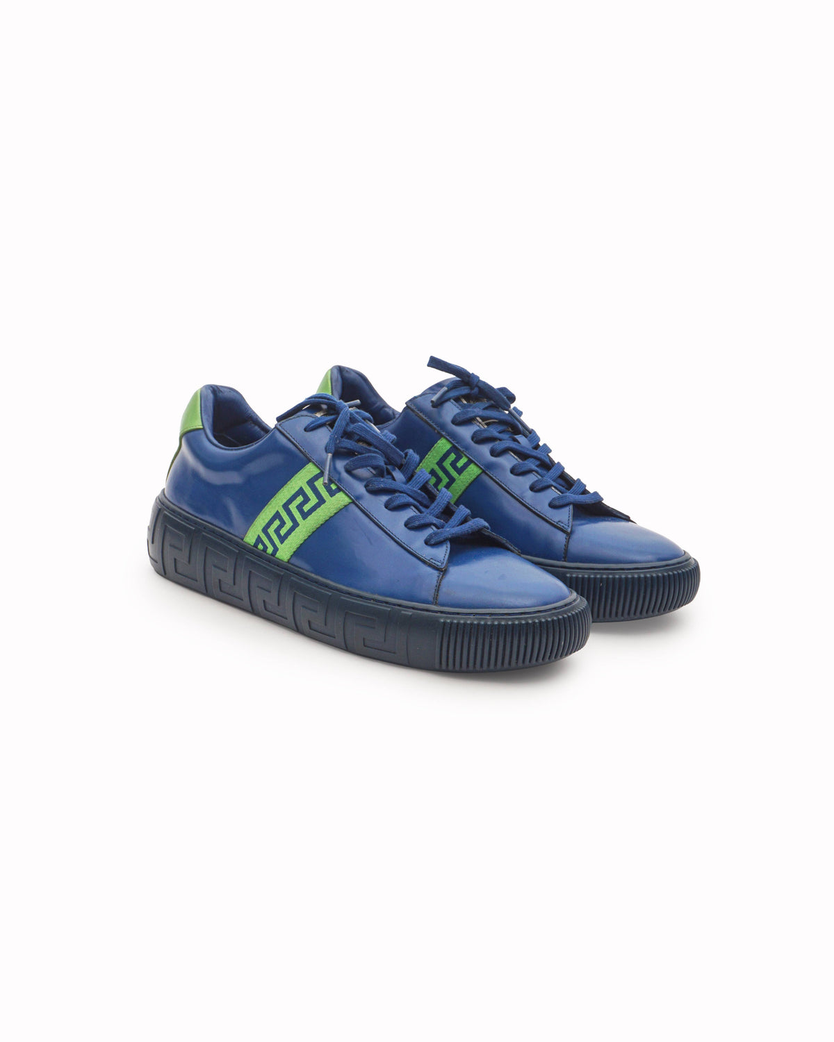 Versace Blue & Neon Green Greca Bicolor Low-Top Sneakers