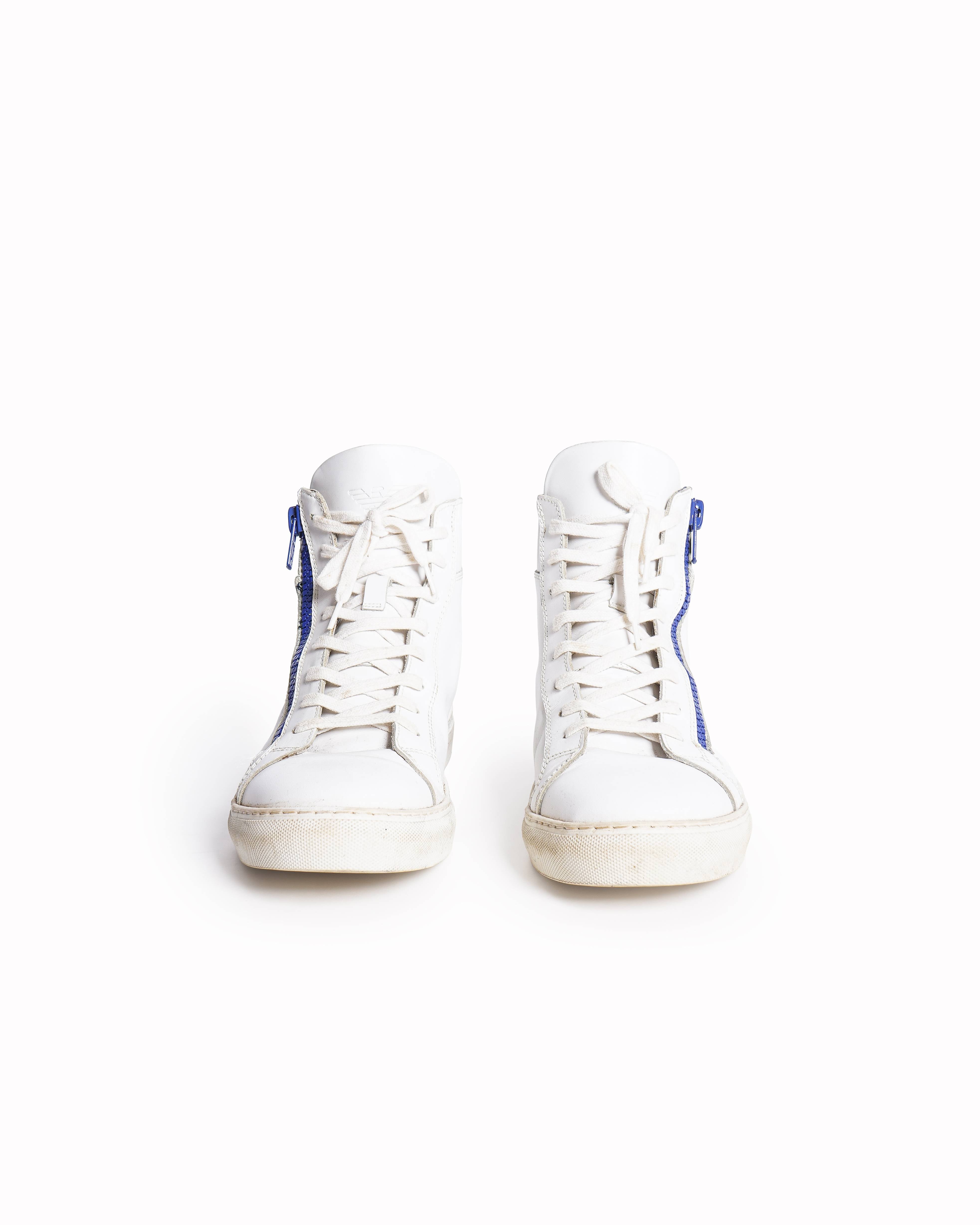 Emporio Armani Men's White Leather Blue-Zip High-Top Sneakers