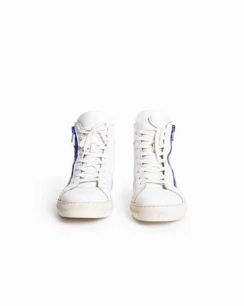 Emporio Armani Men's White Leather Blue-Zip High-Top Sneakers