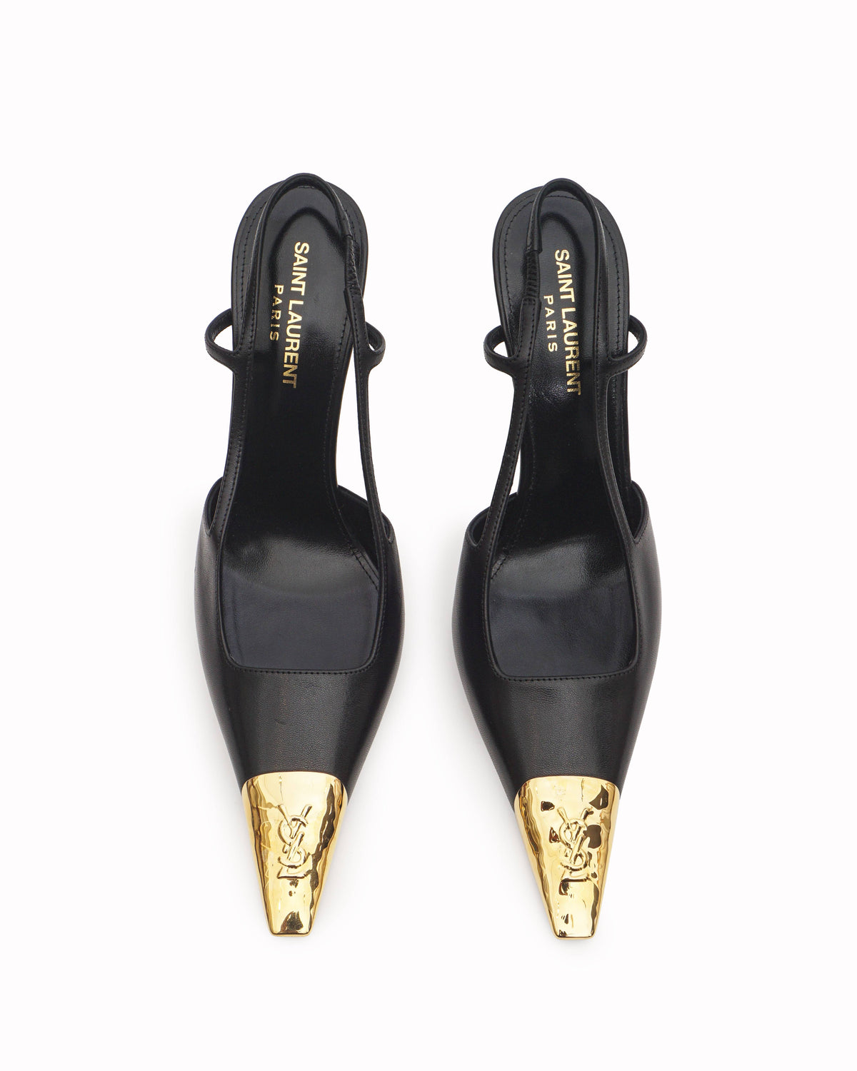 Saint Laurent Black Leather Gold YSL Cap-Toe Pumps