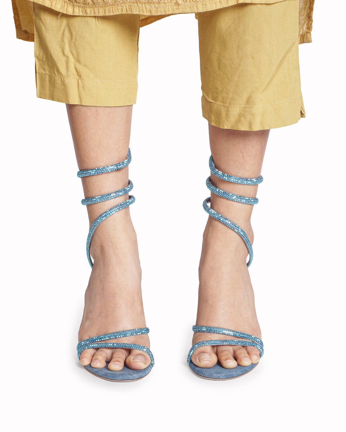 René Caovilla Cleo Denim Crystal Spiral Sandals