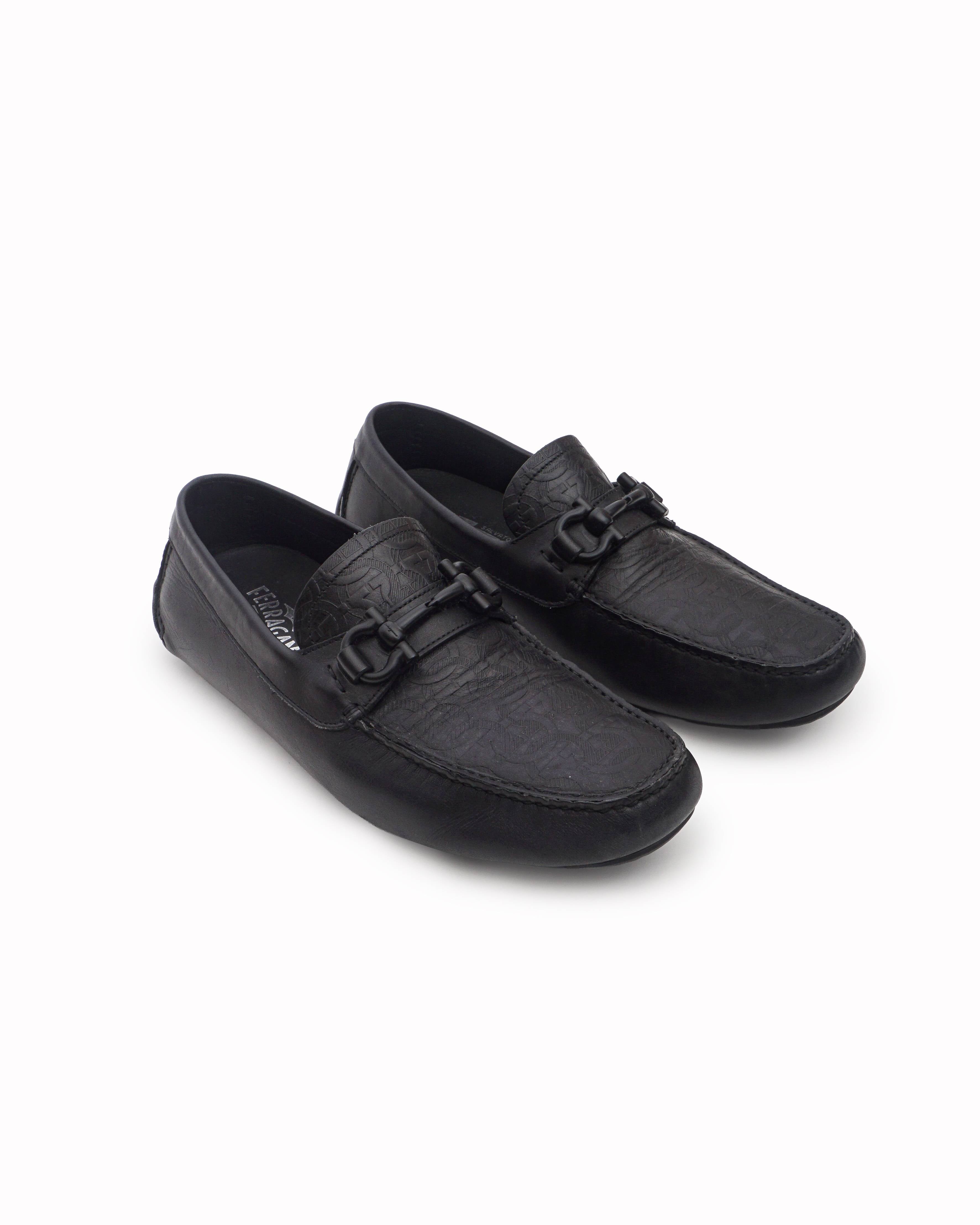 Salvatore Ferragamo Black Embossed Gancini Leather Loafers