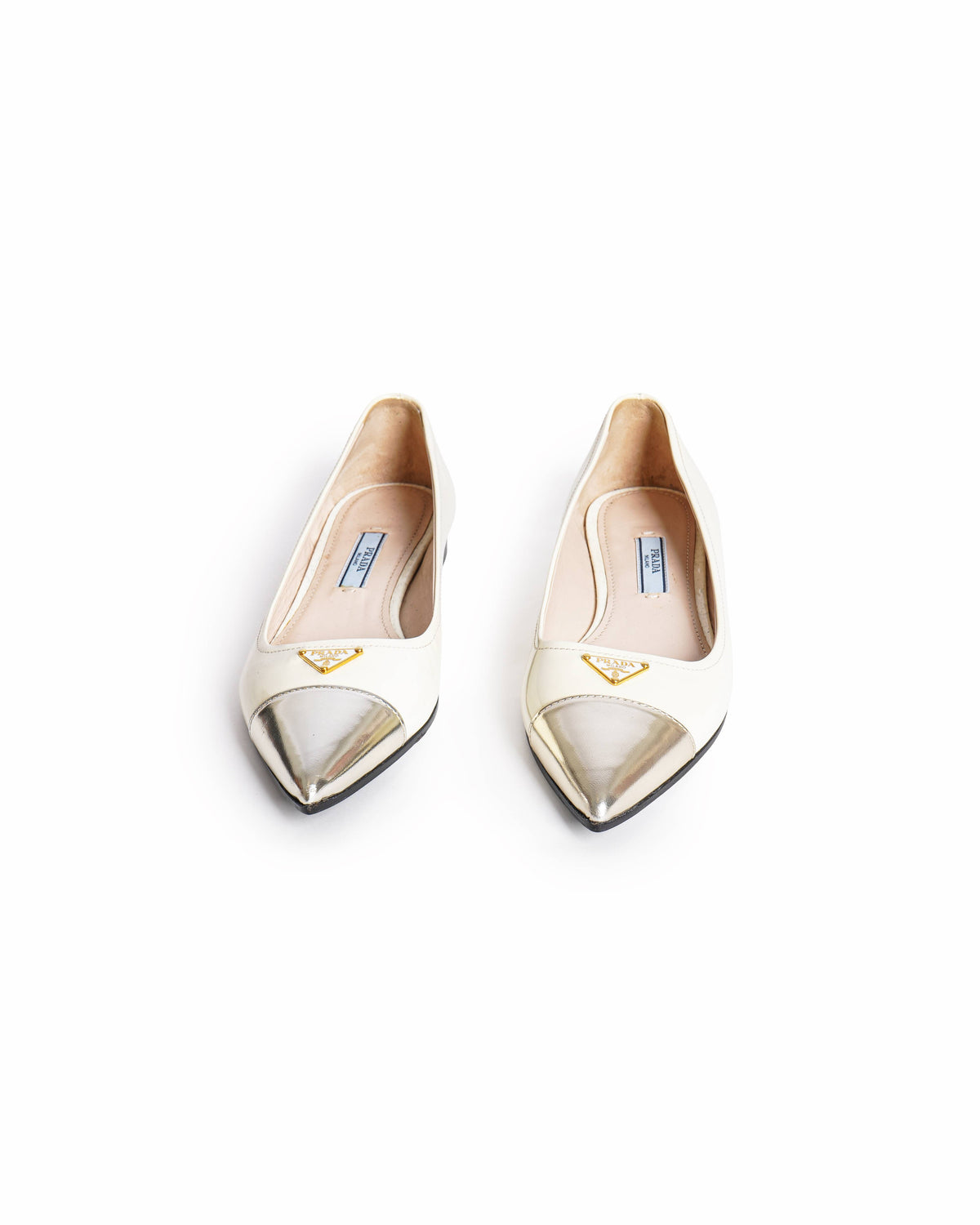Prada White & Gold Patent Leather Flats