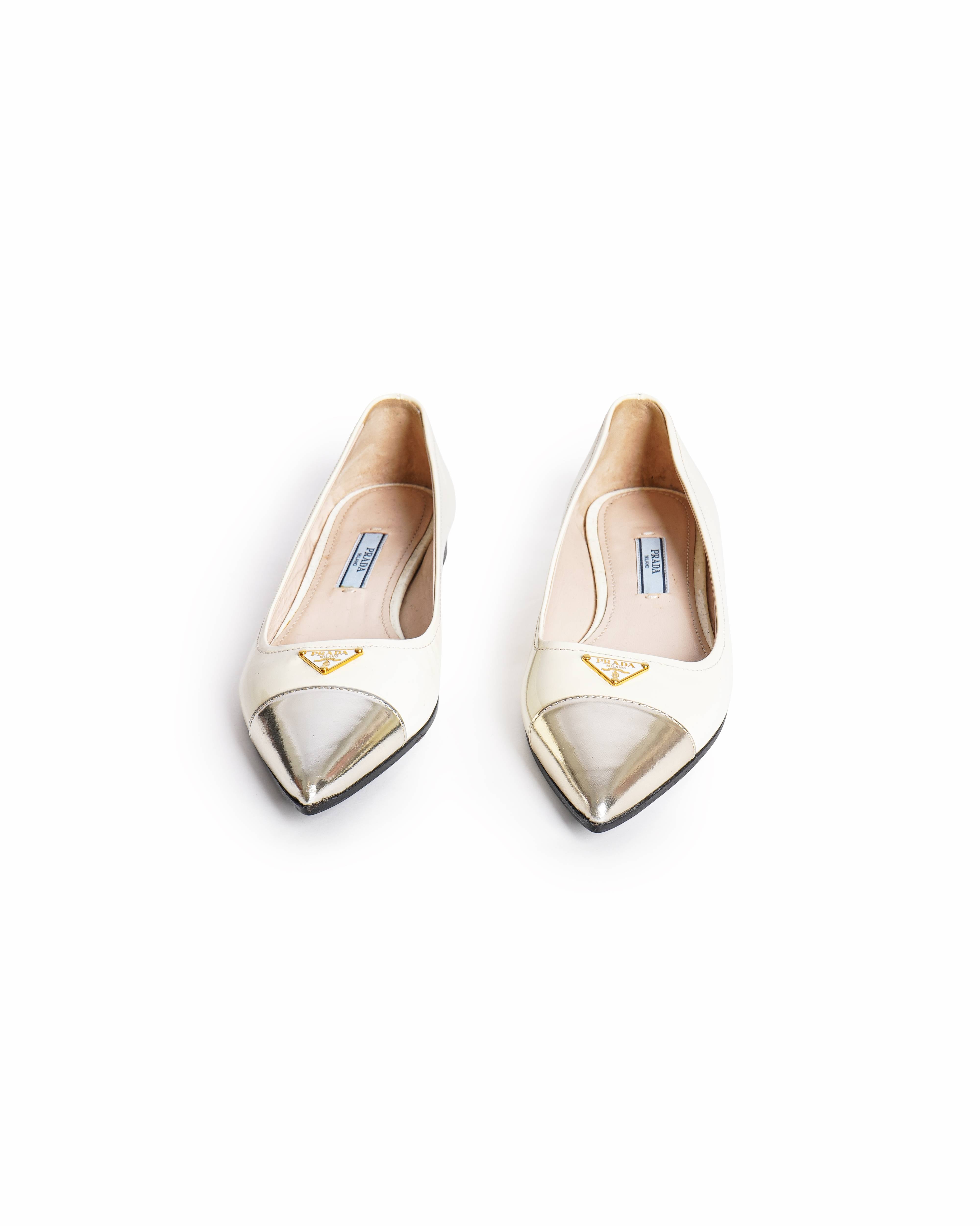 Prada White & Gold Patent Leather Flats