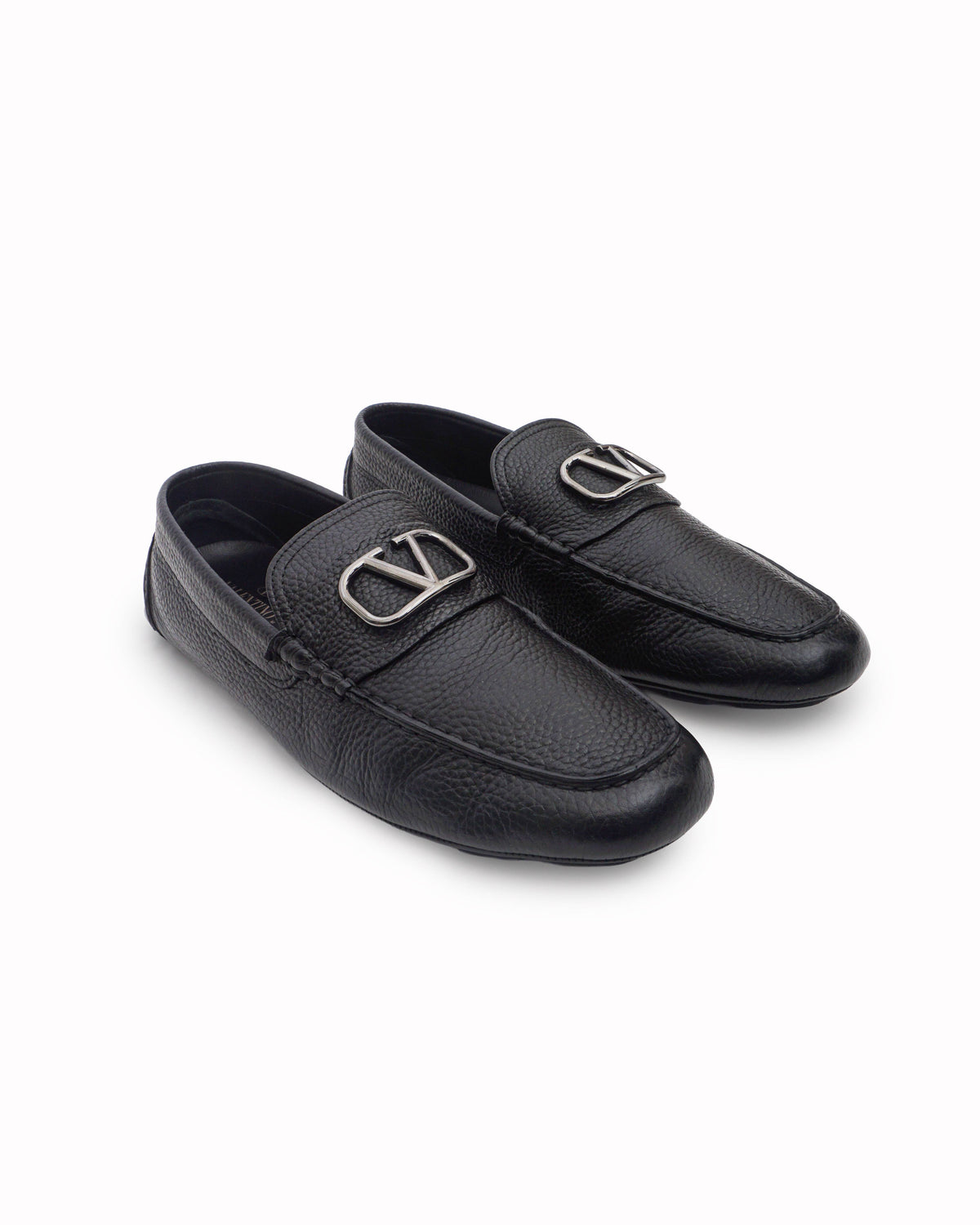 Valentino Garavani Black Grained Leather VLogo Driver Loafers