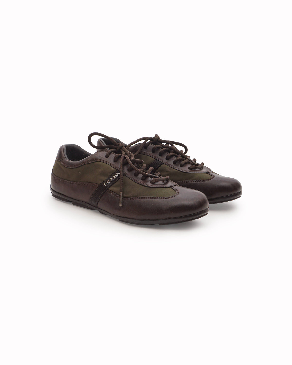 Prada Men's Dark Brown Leather & Olive Nylon Low Trainers