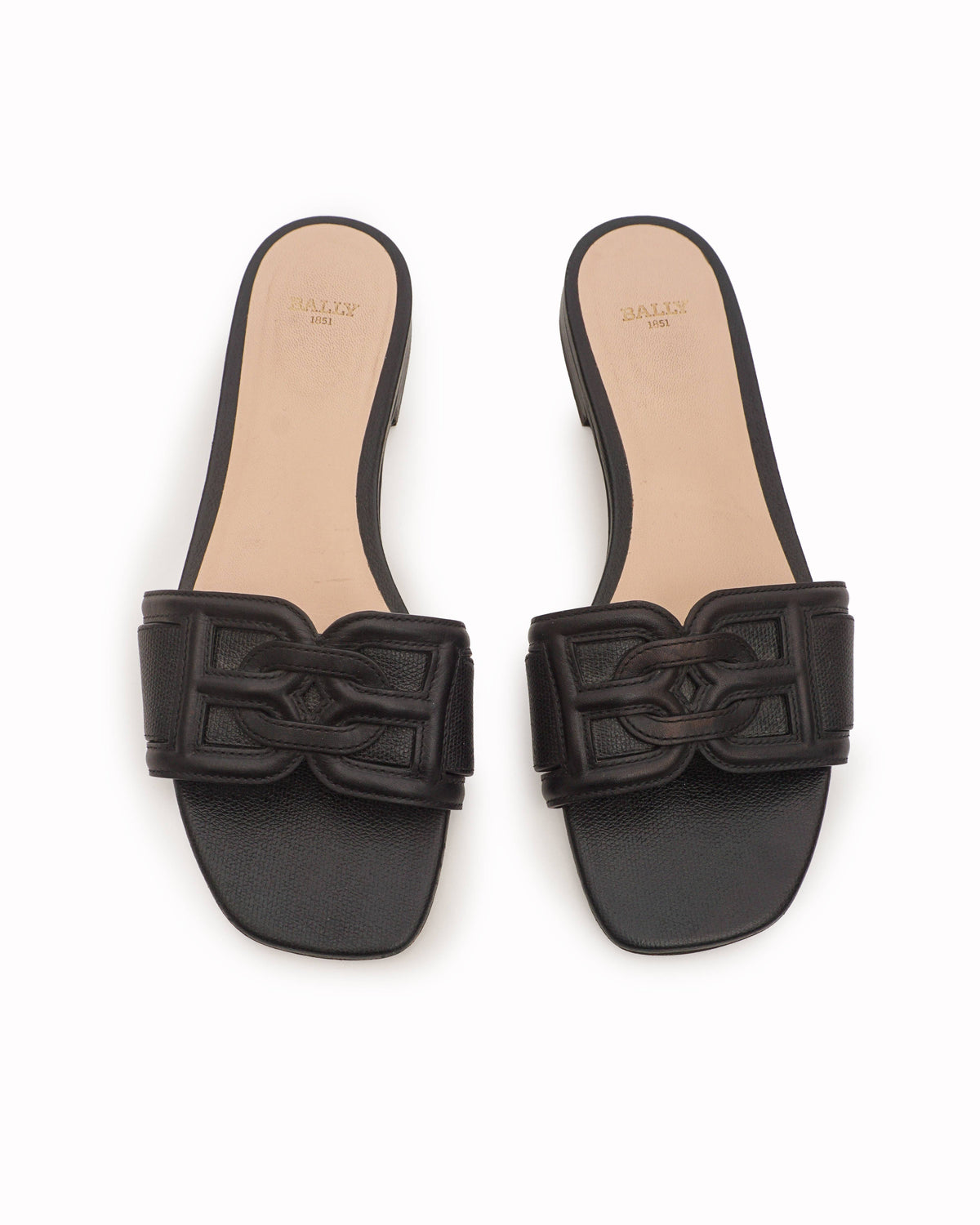 Bally Black Leather Interlocking B-Chain Flat Slide